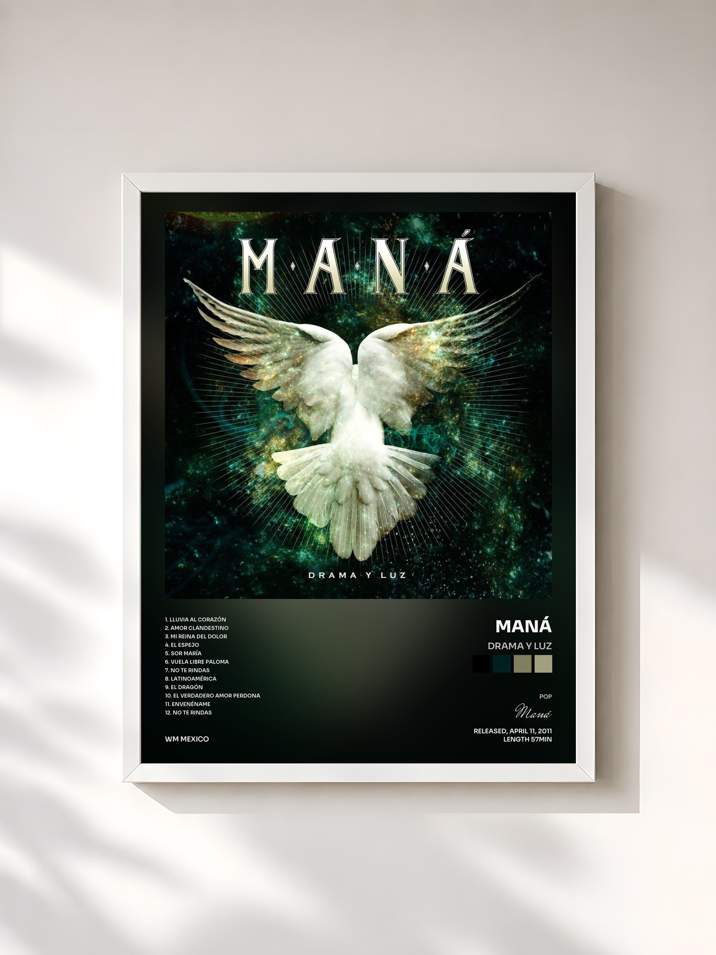#blanc Tableau de l'album Drama Y Luz de Maná, cadre blanc, imprimé et encadré en France