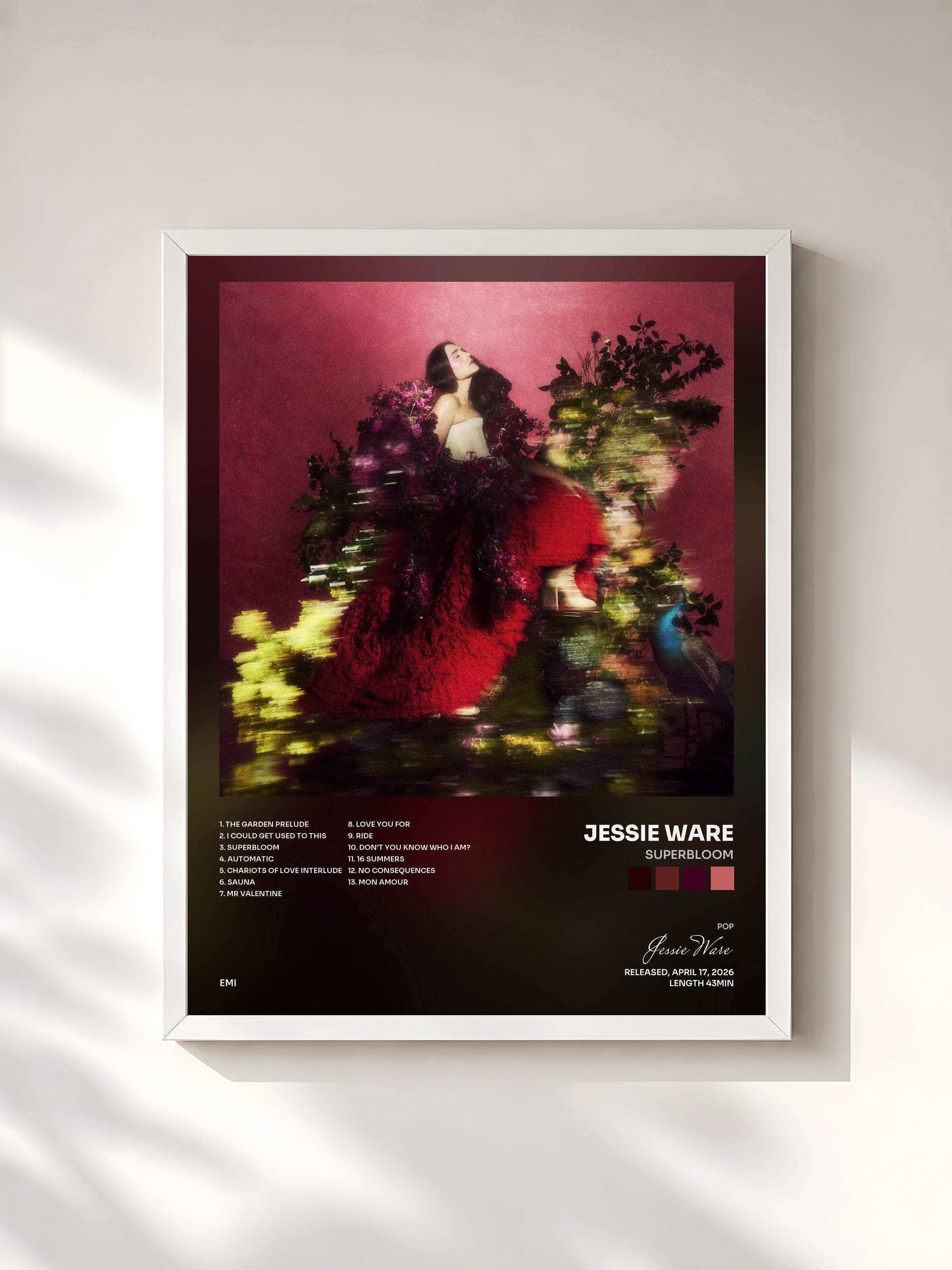 #blanc Tableau de l'album Superbloom de Jessie Ware, cadre blanc, imprimé et encadré en France