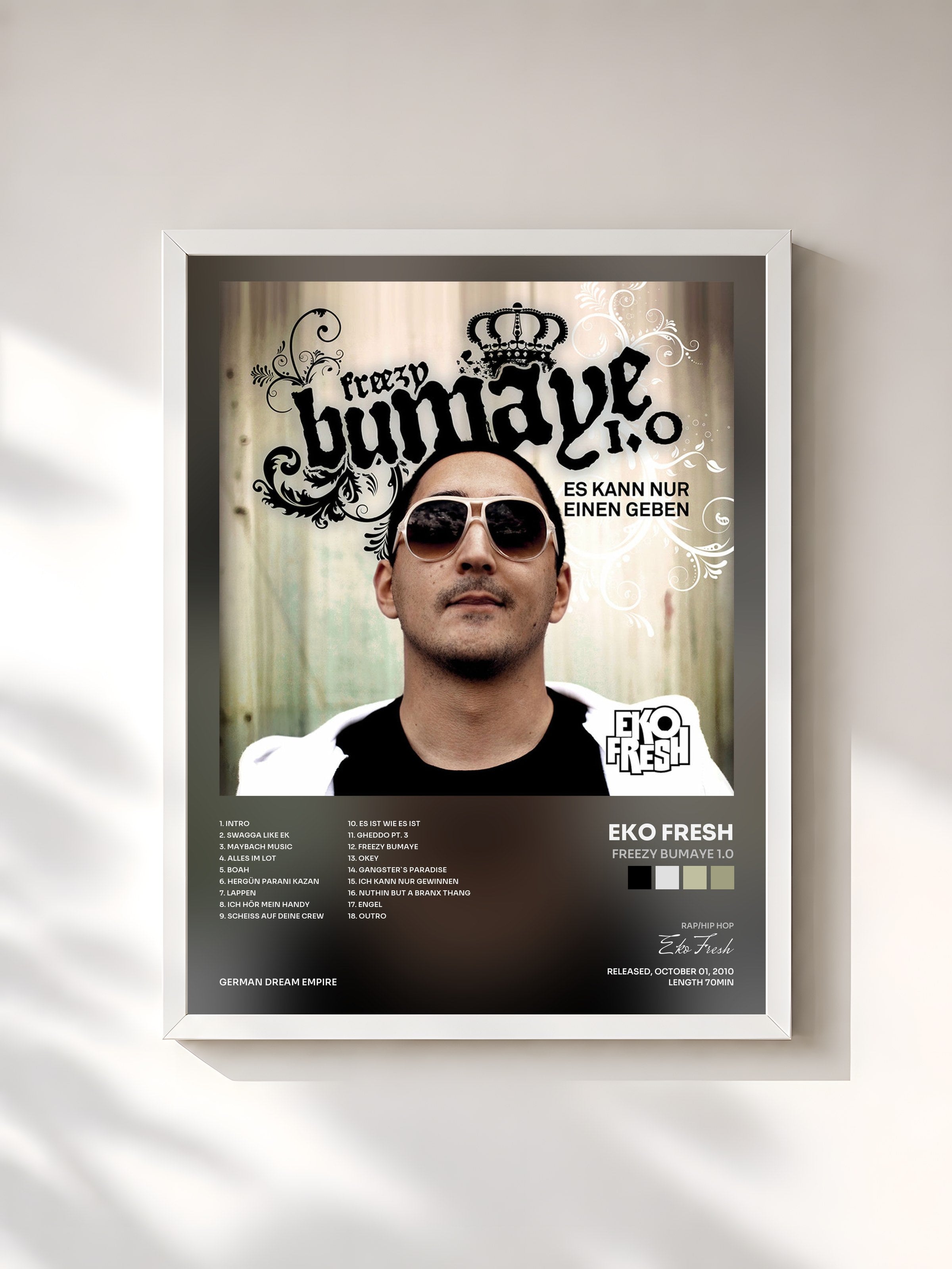 #blanc Tableau de l'album Freezy Bumaye 1.0 de Eko Fresh, cadre blanc, imprimé et encadré en France