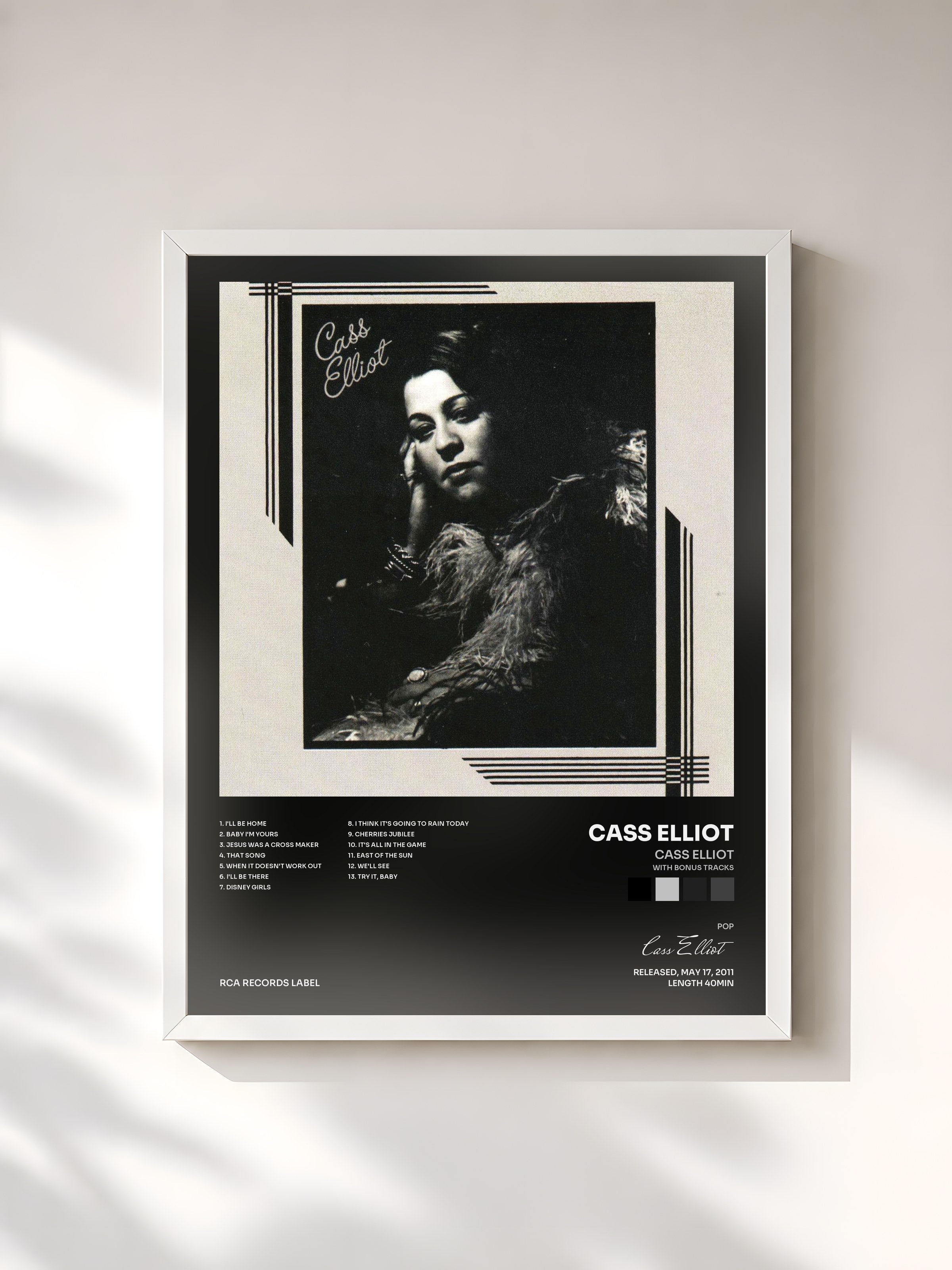 #blanc Tableau de l'album Cass Elliot (With Bonus Tracks) de Cass Elliot, cadre blanc, imprimé et encadré en France