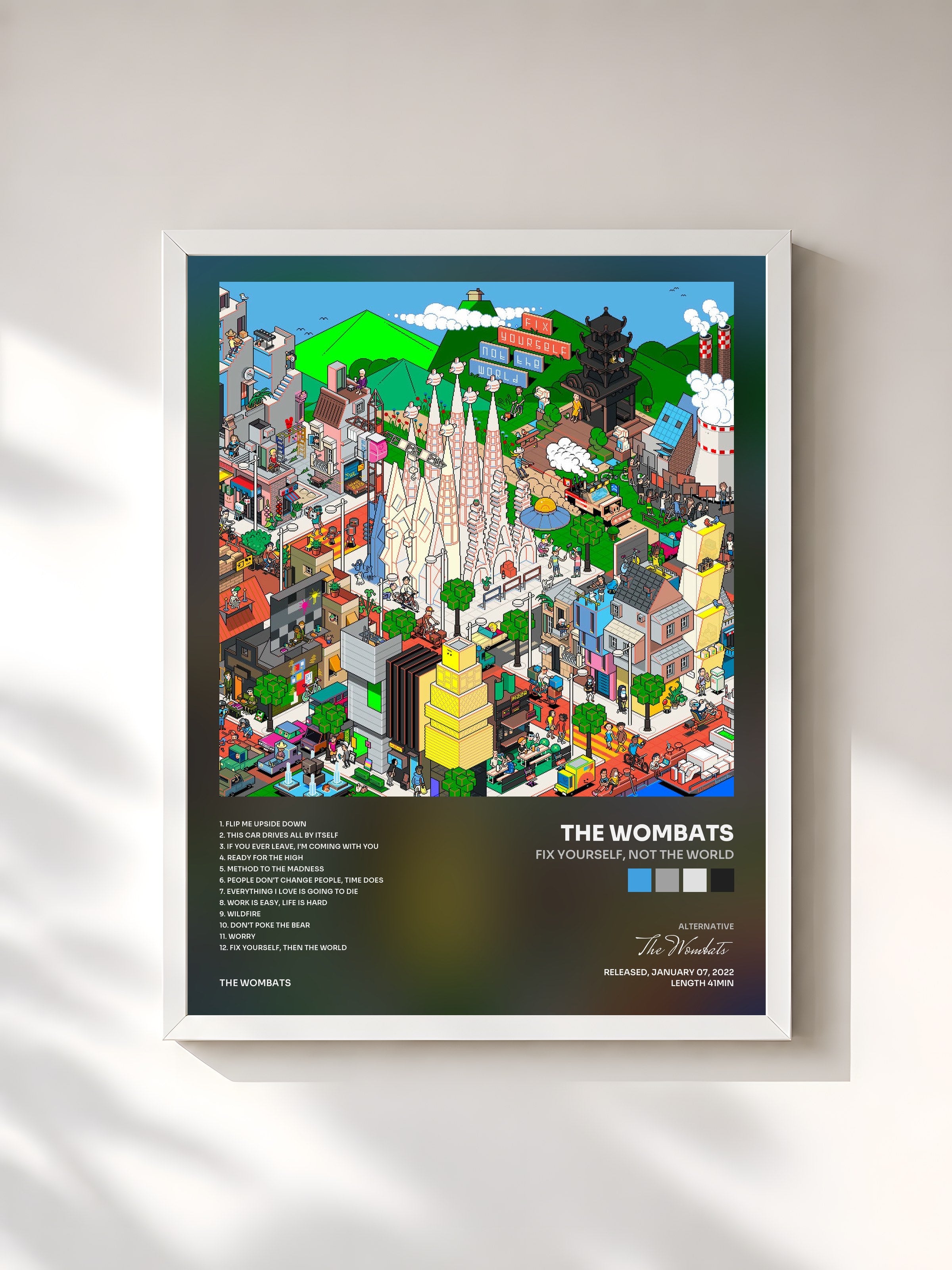 #blanc Tableau de l'album Fix Yourself, Not the World de The Wombats, cadre blanc, imprimé et encadré en France