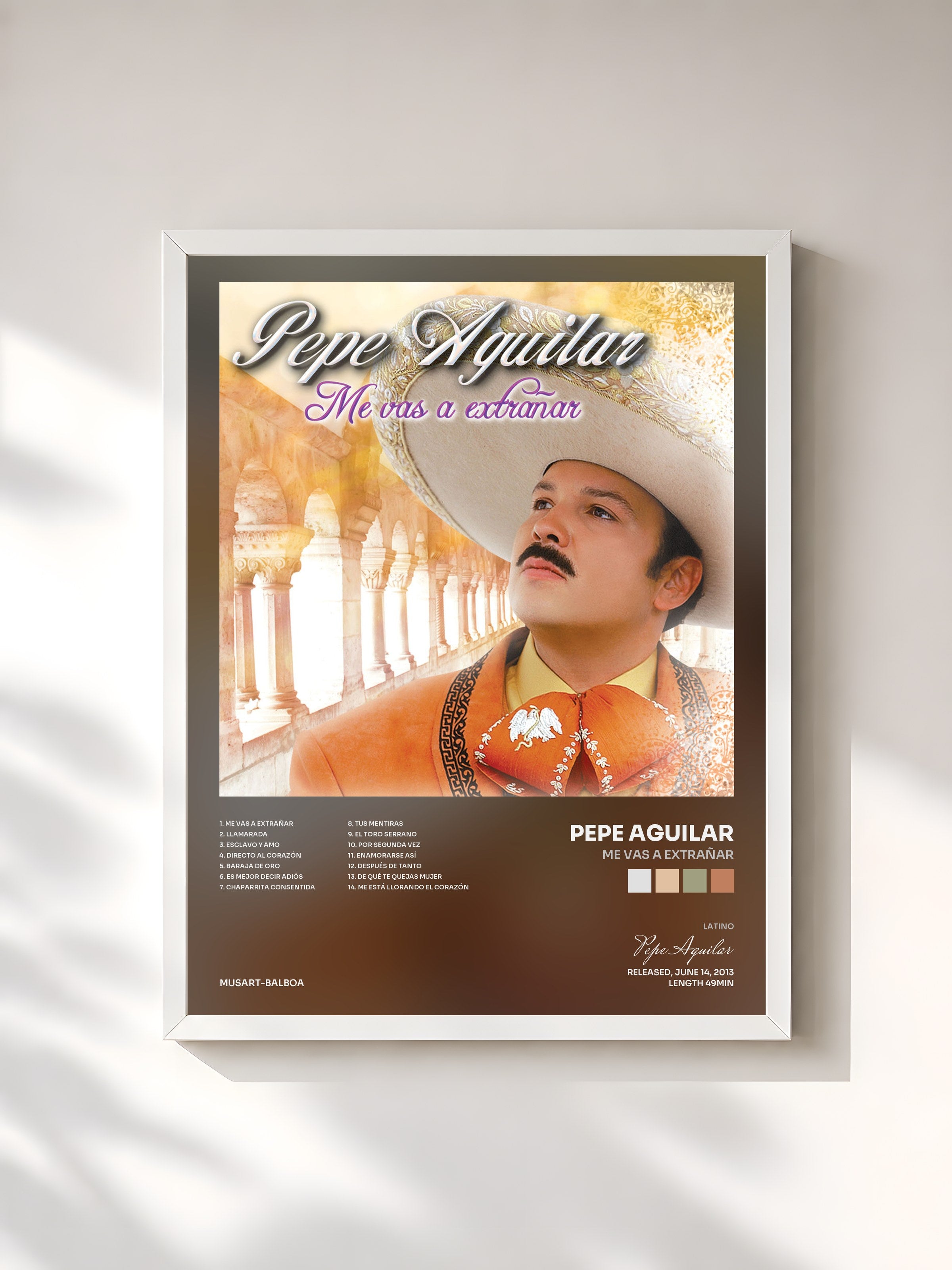 #blanc Tableau de l'album Me Vas A Extrañar de Pepe Aguilar, cadre blanc, imprimé et encadré en France