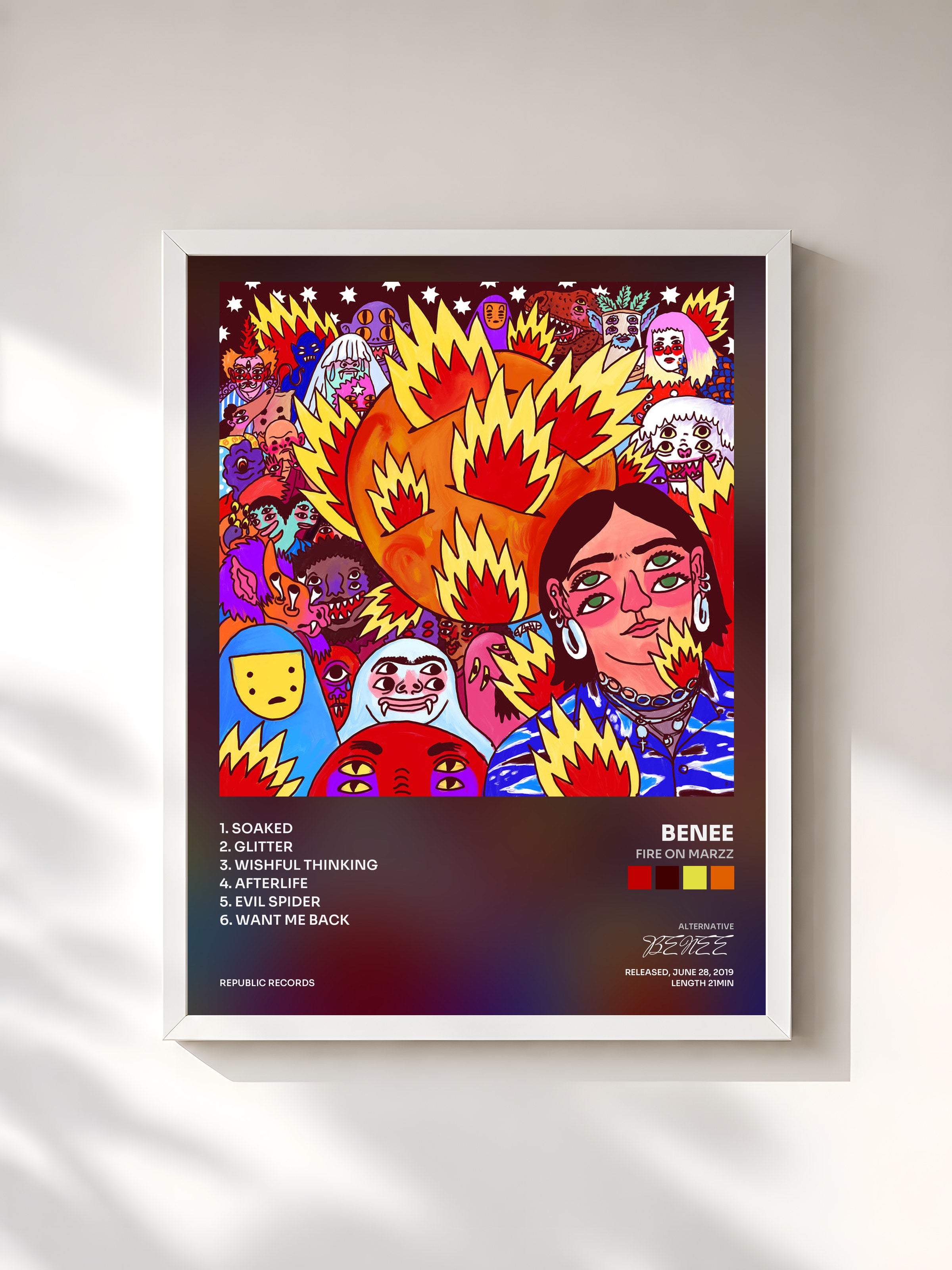 #blanc Tableau de l'album FIRE ON MARZZ de BENEE, cadre blanc, imprimé et encadré en France