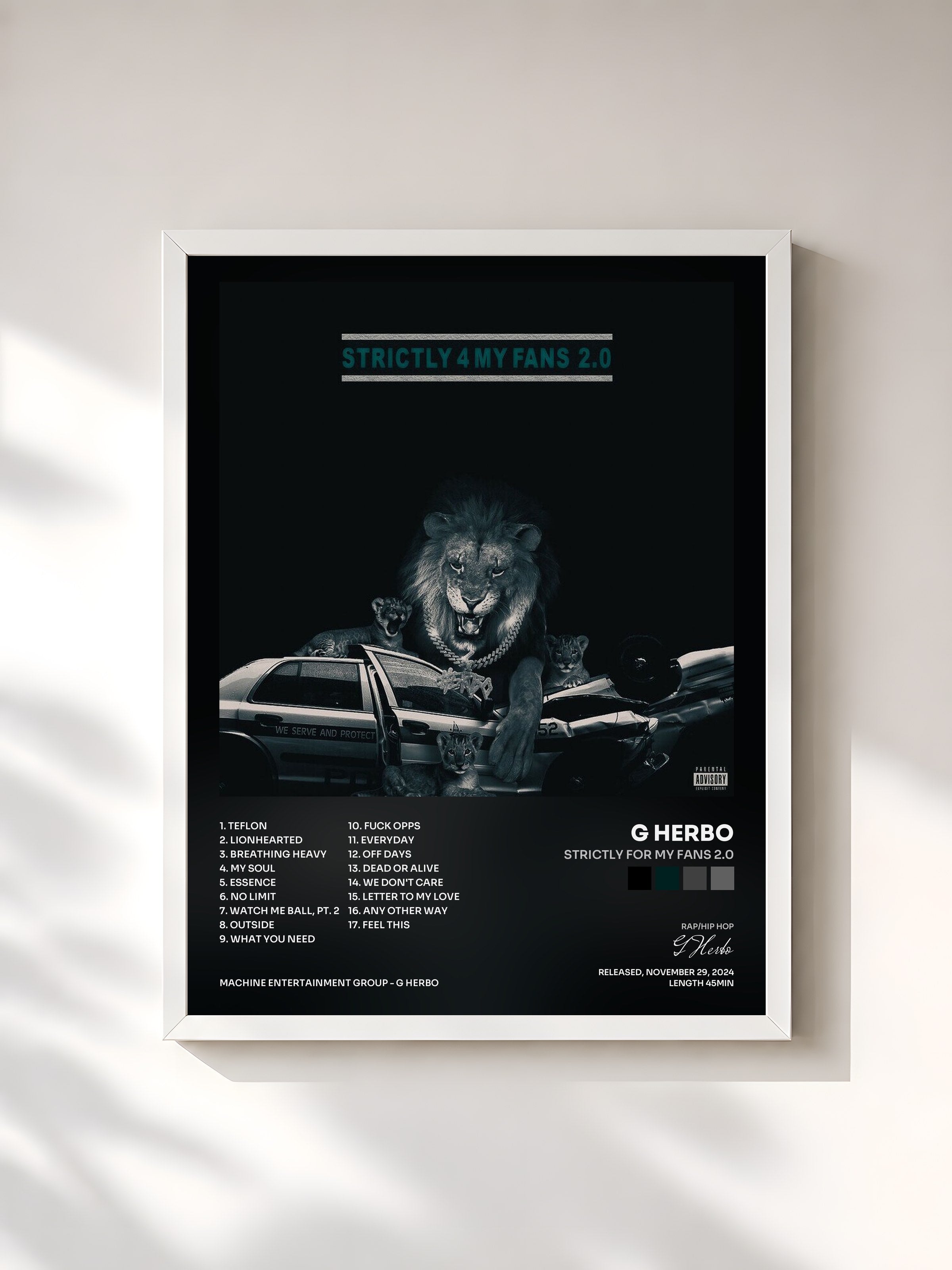 #blanc Tableau de l'album Strictly For My Fans 2.0 de G Herbo, cadre blanc, imprimé et encadré en France