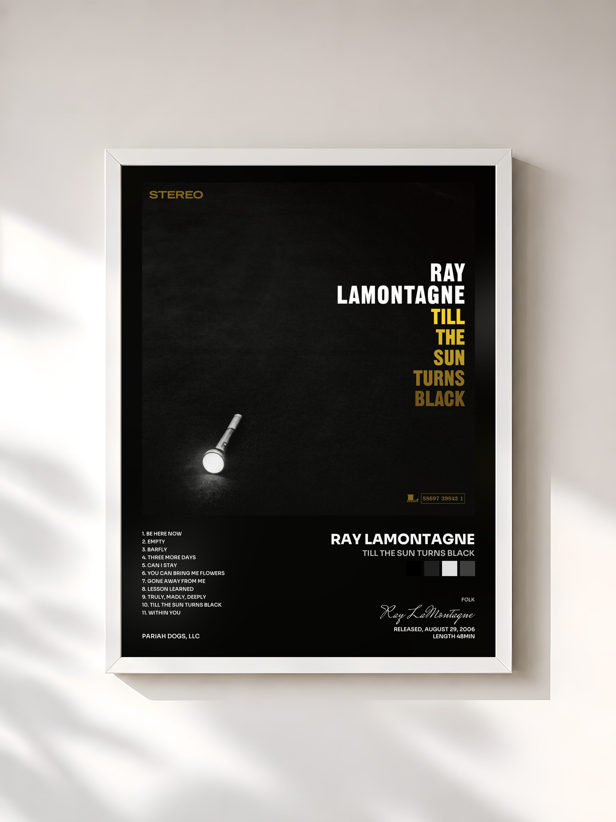 #blanc Tableau de l'album Till The Sun Turns Black de Ray LaMontagne, cadre blanc, imprimé et encadré en France