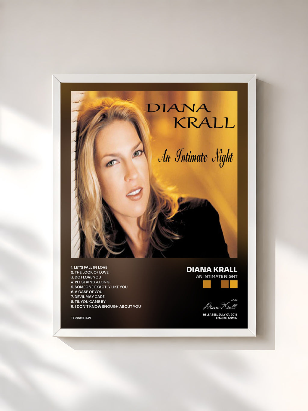 #blanc Tableau de l'album An Intimate Night de Diana Krall, cadre blanc, imprimé et encadré en France