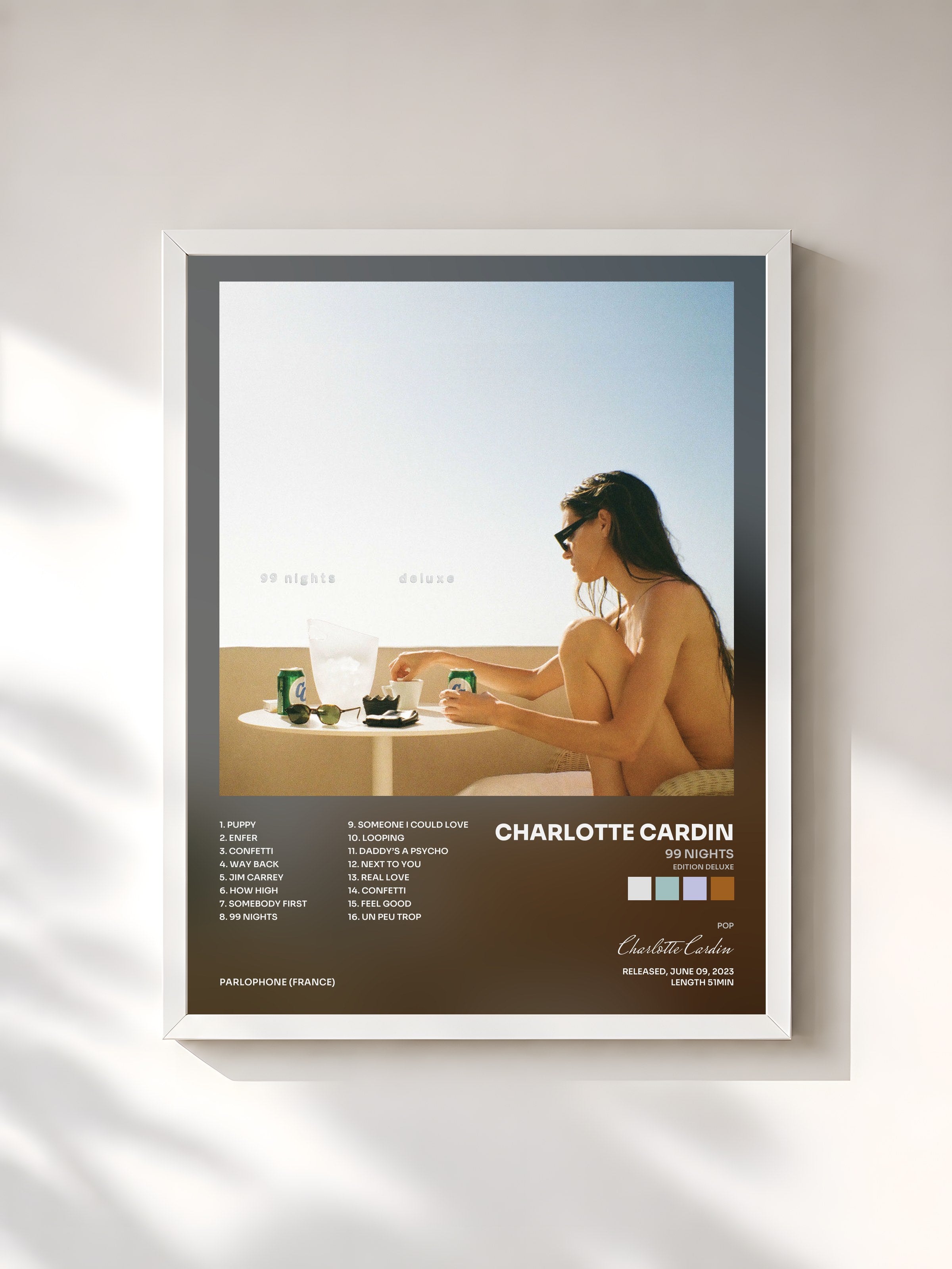 #blanc Tableau de l'album 99 Nights (Edition Deluxe) de Charlotte Cardin, cadre blanc, imprimé et encadré en France