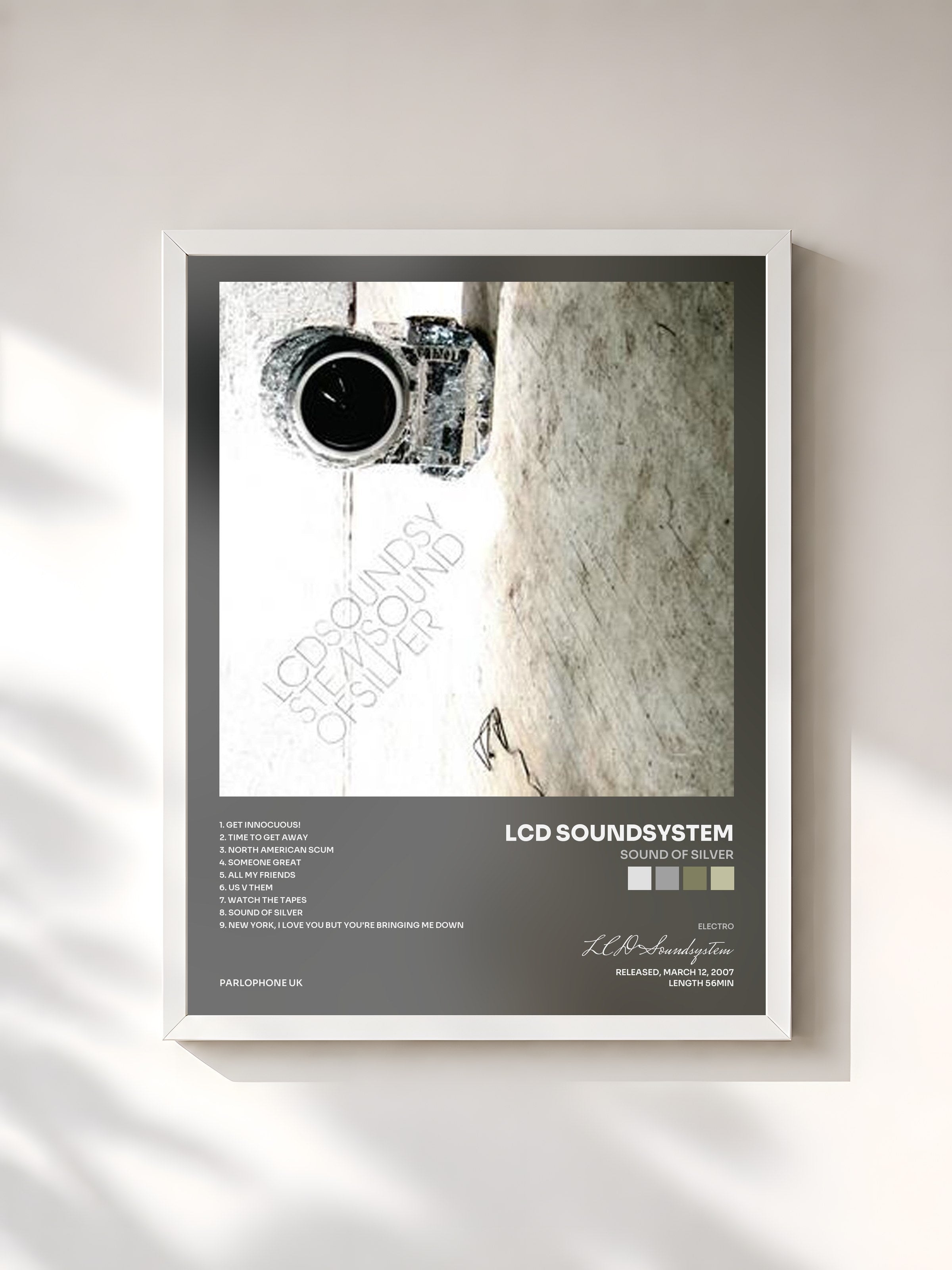 #blanc Tableau de l'album Sound of Silver de LCD Soundsystem, cadre blanc, imprimé et encadré en France