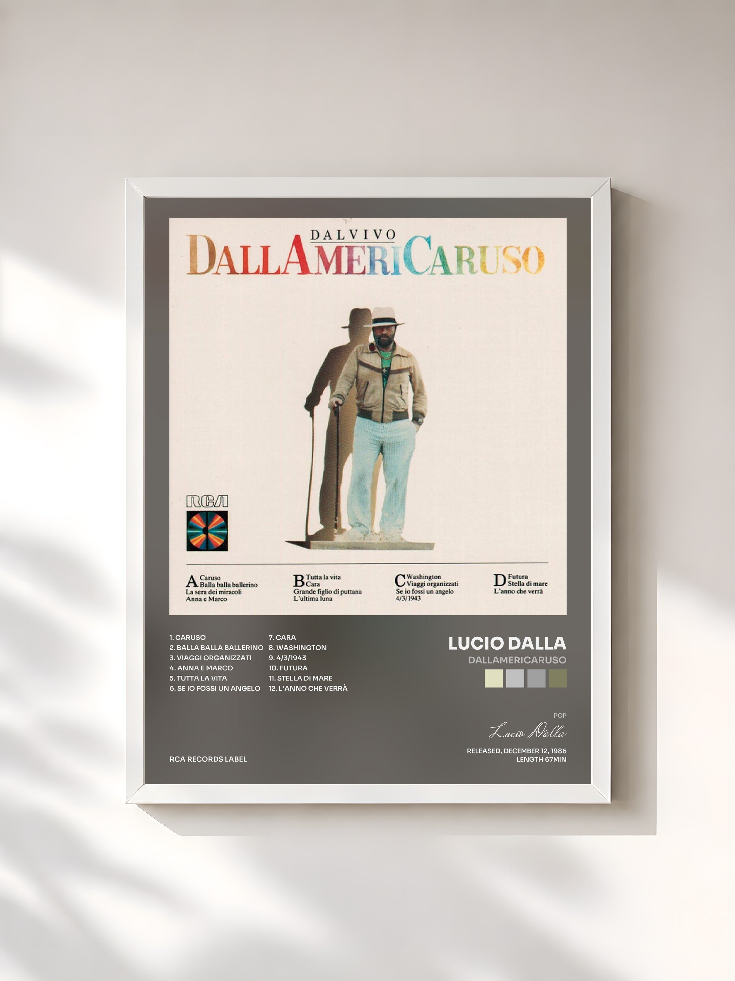 #blanc Tableau de l'album Dallamericaruso de Lucio Dalla, cadre blanc, imprimé et encadré en France