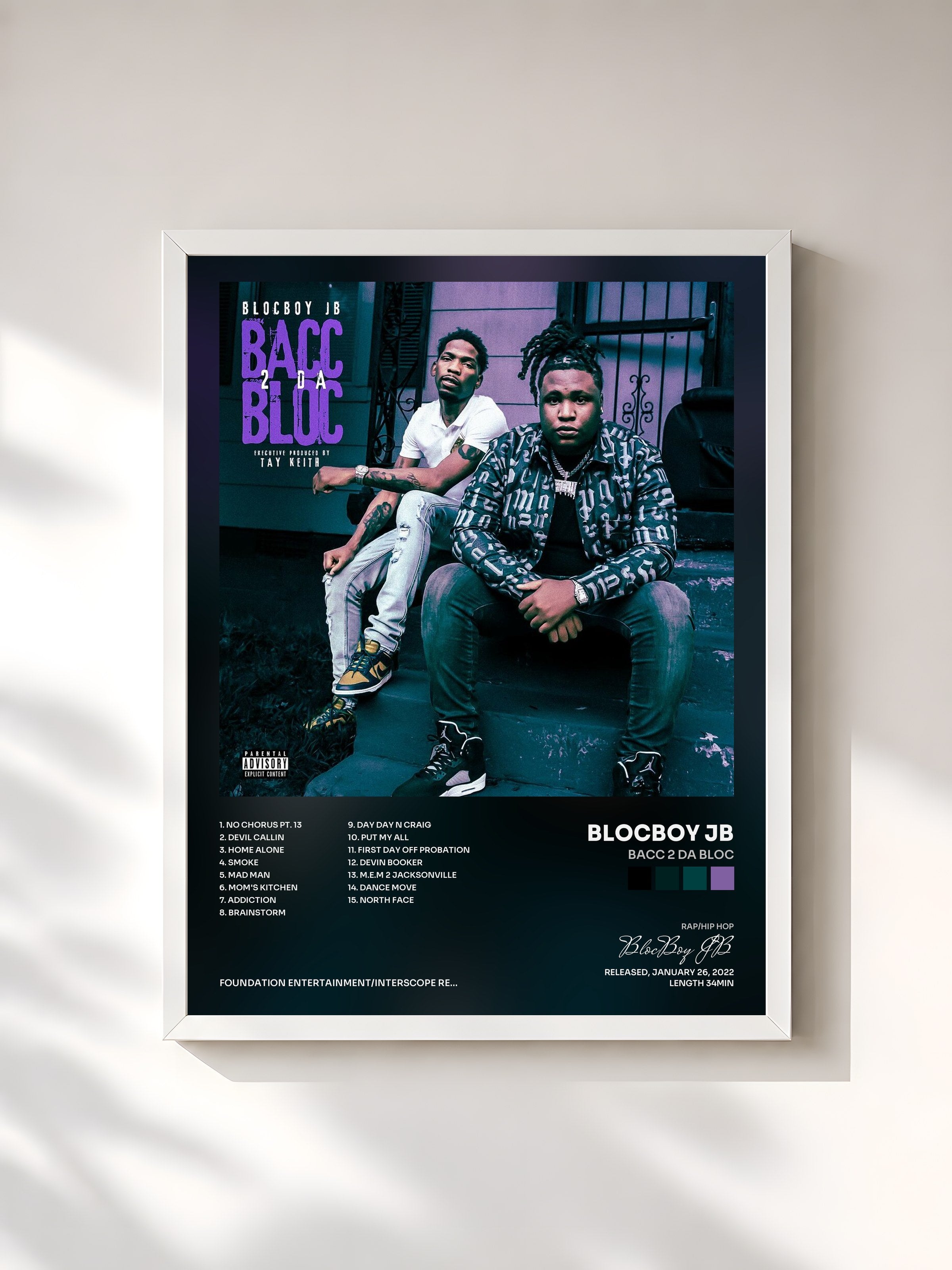 #blanc Tableau de l'album Bacc 2 Da Bloc de BlocBoy JB, cadre blanc, imprimé et encadré en France