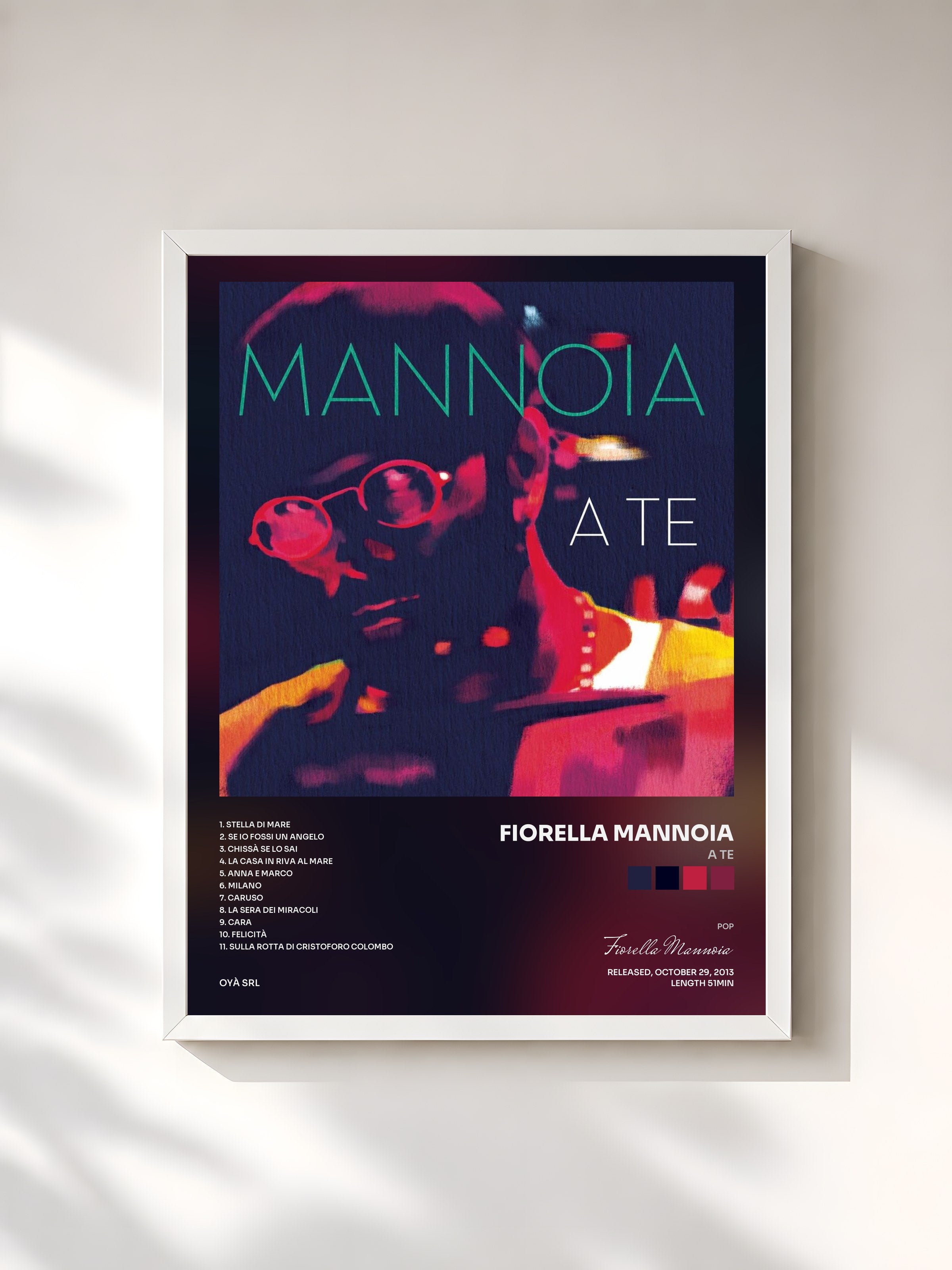 #blanc Tableau de l'album A te de Fiorella Mannoia, cadre blanc, imprimé et encadré en France