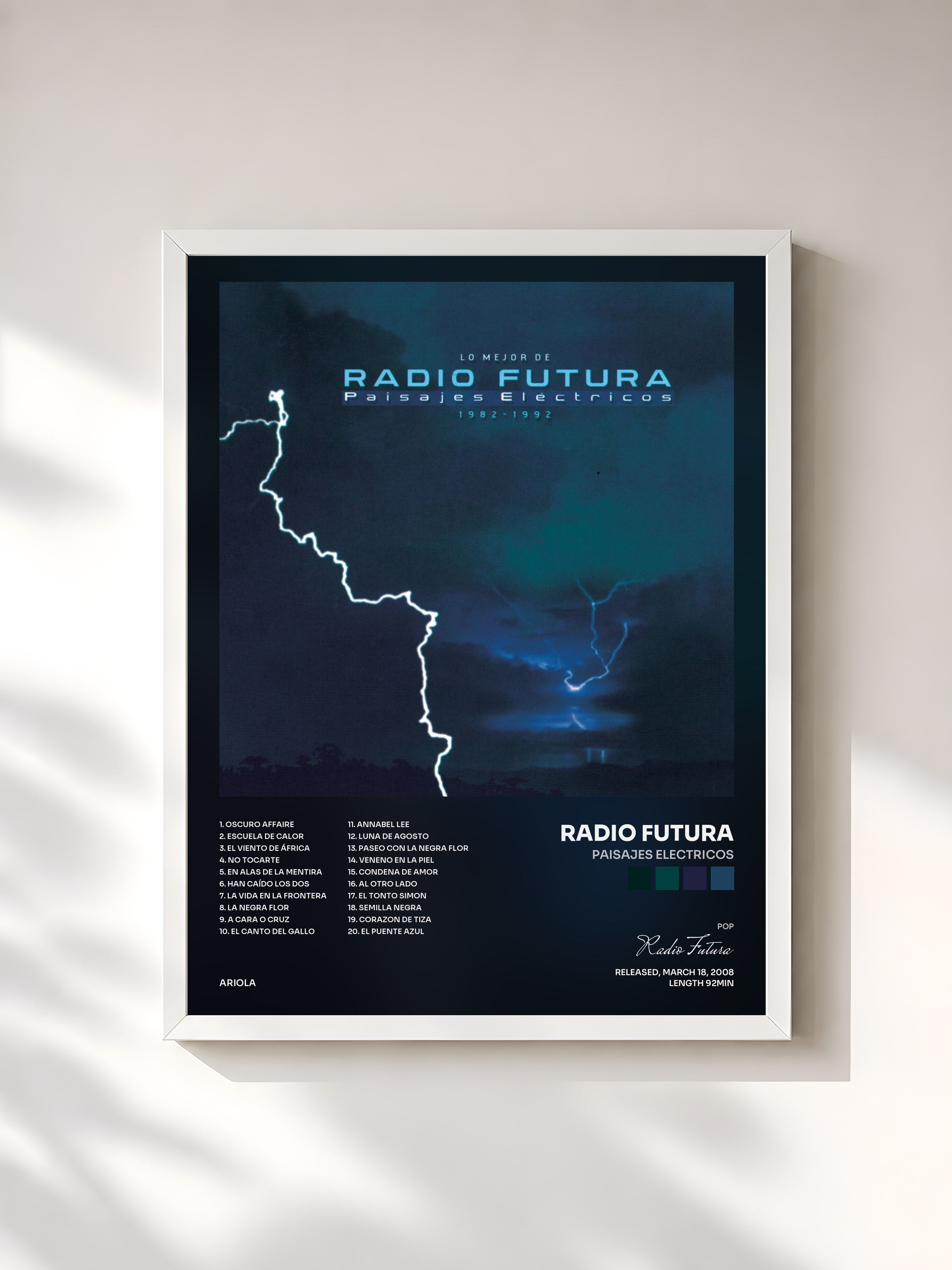 #blanc Tableau de l'album Paisajes Electricos de Radio Futura, cadre blanc, imprimé et encadré en France