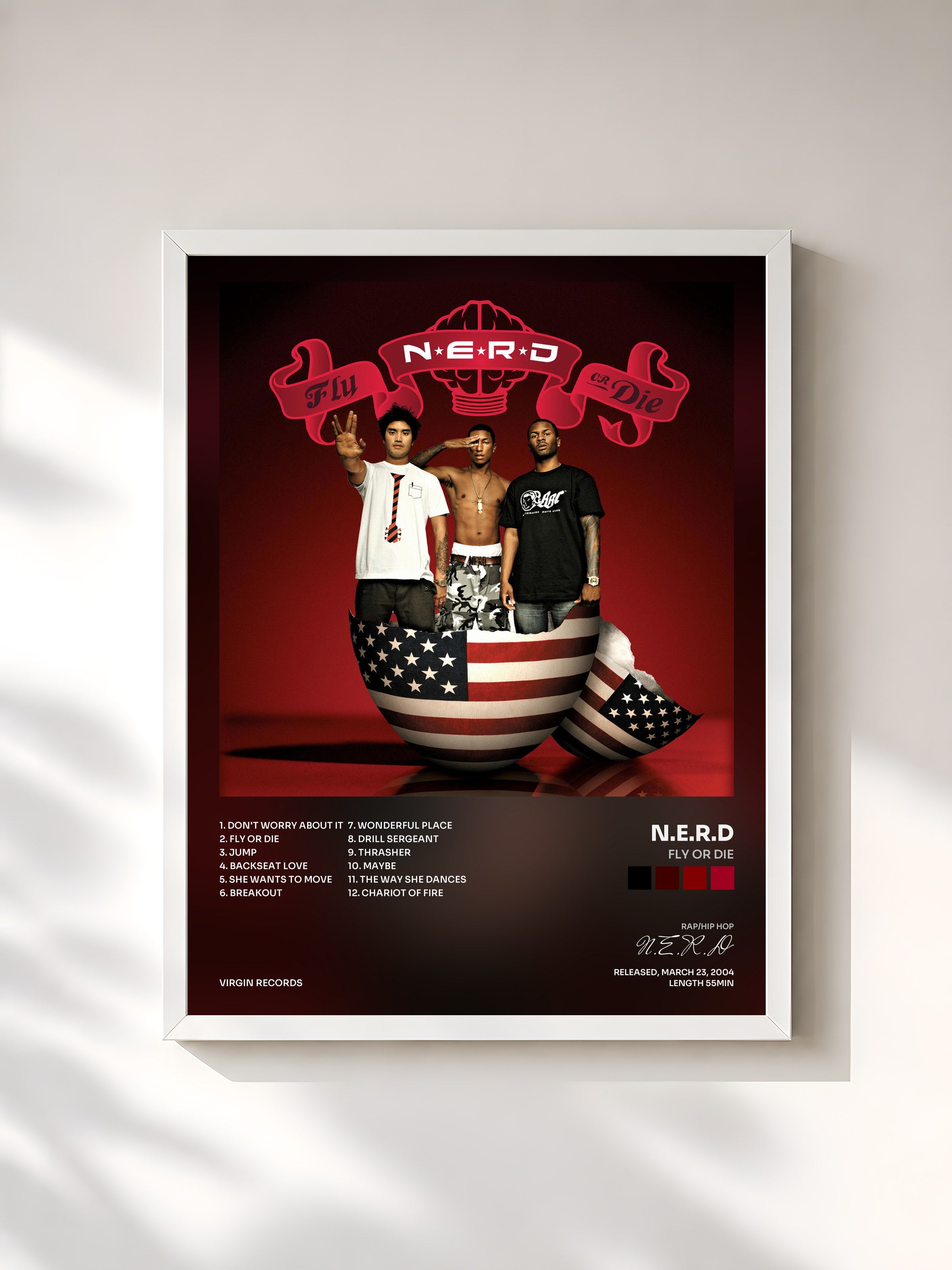 #blanc Tableau de l'album Fly Or Die de N.E.R.D, cadre blanc, imprimé et encadré en France
