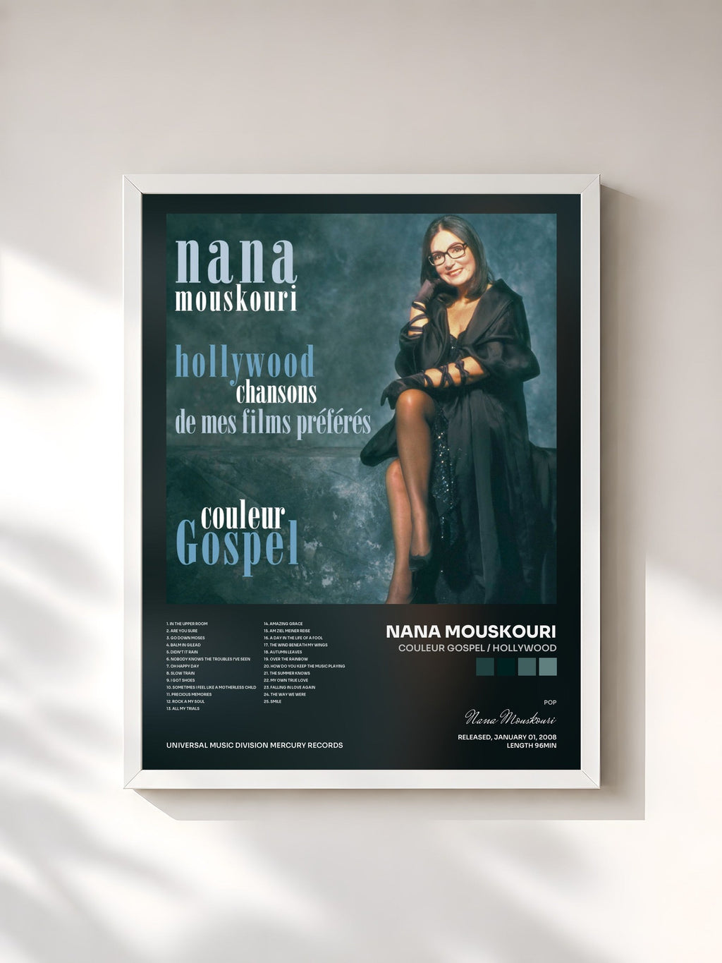 #blanc Couleur Gospel / Hollywood de Nana Mouskouri en lámina enmarcada, marco blanco, impresa y enmarcada en Francia