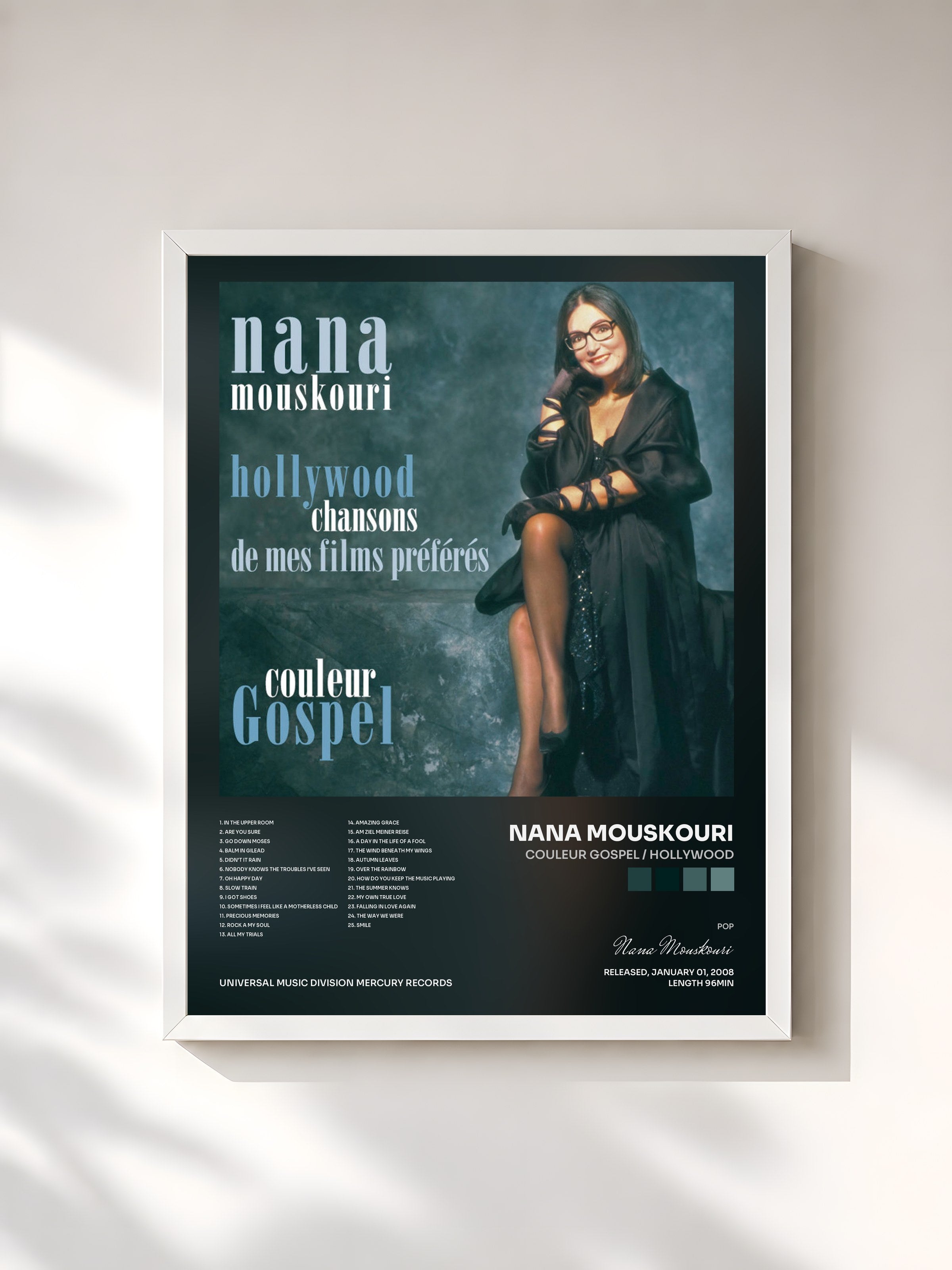 #blanc Tableau de l'album Couleur Gospel / Hollywood de Nana Mouskouri, cadre blanc, imprimé et encadré en France