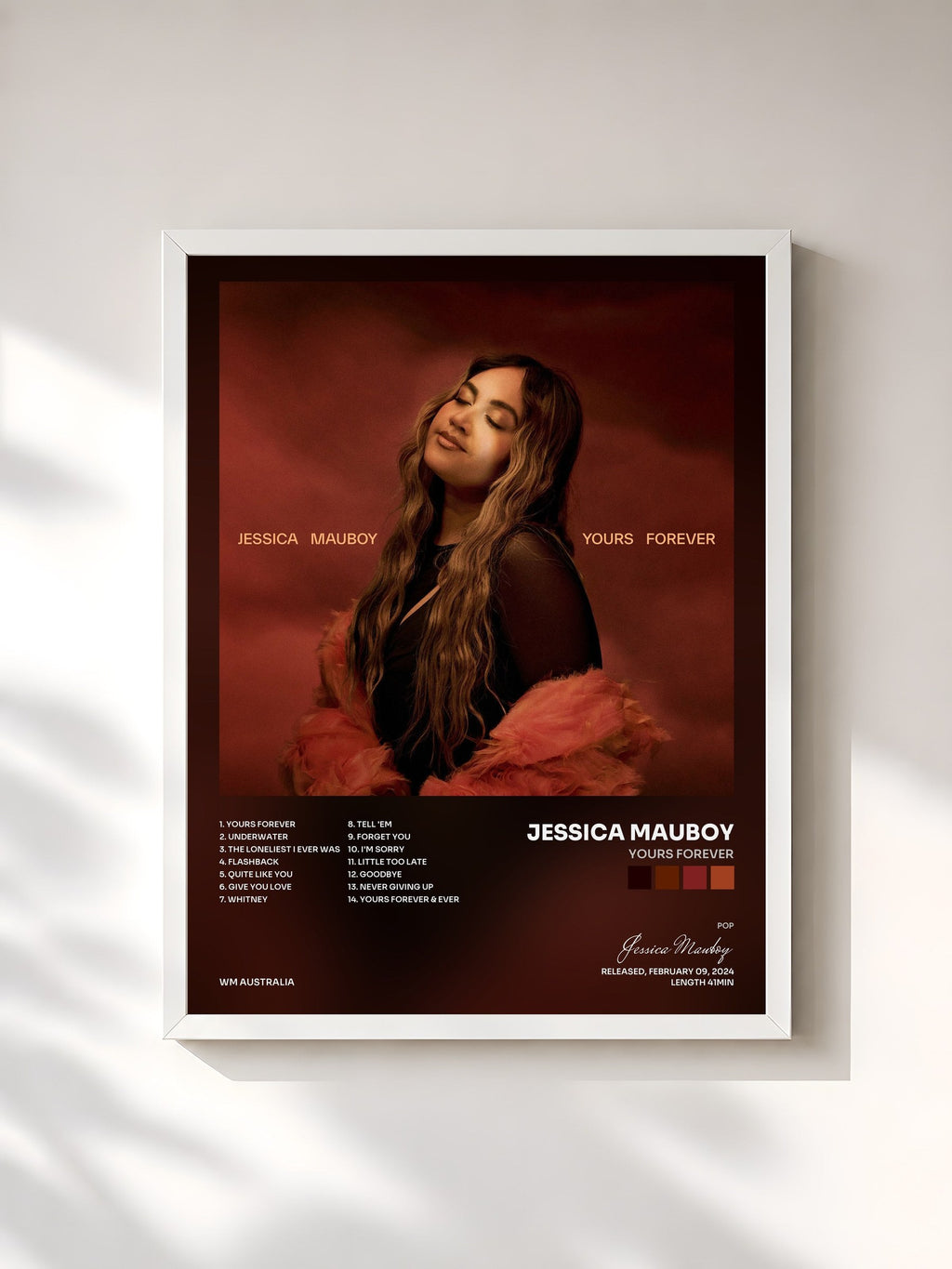 #blanc Tableau de l'album Yours Forever de Jessica Mauboy, cadre blanc, imprimé et encadré en France