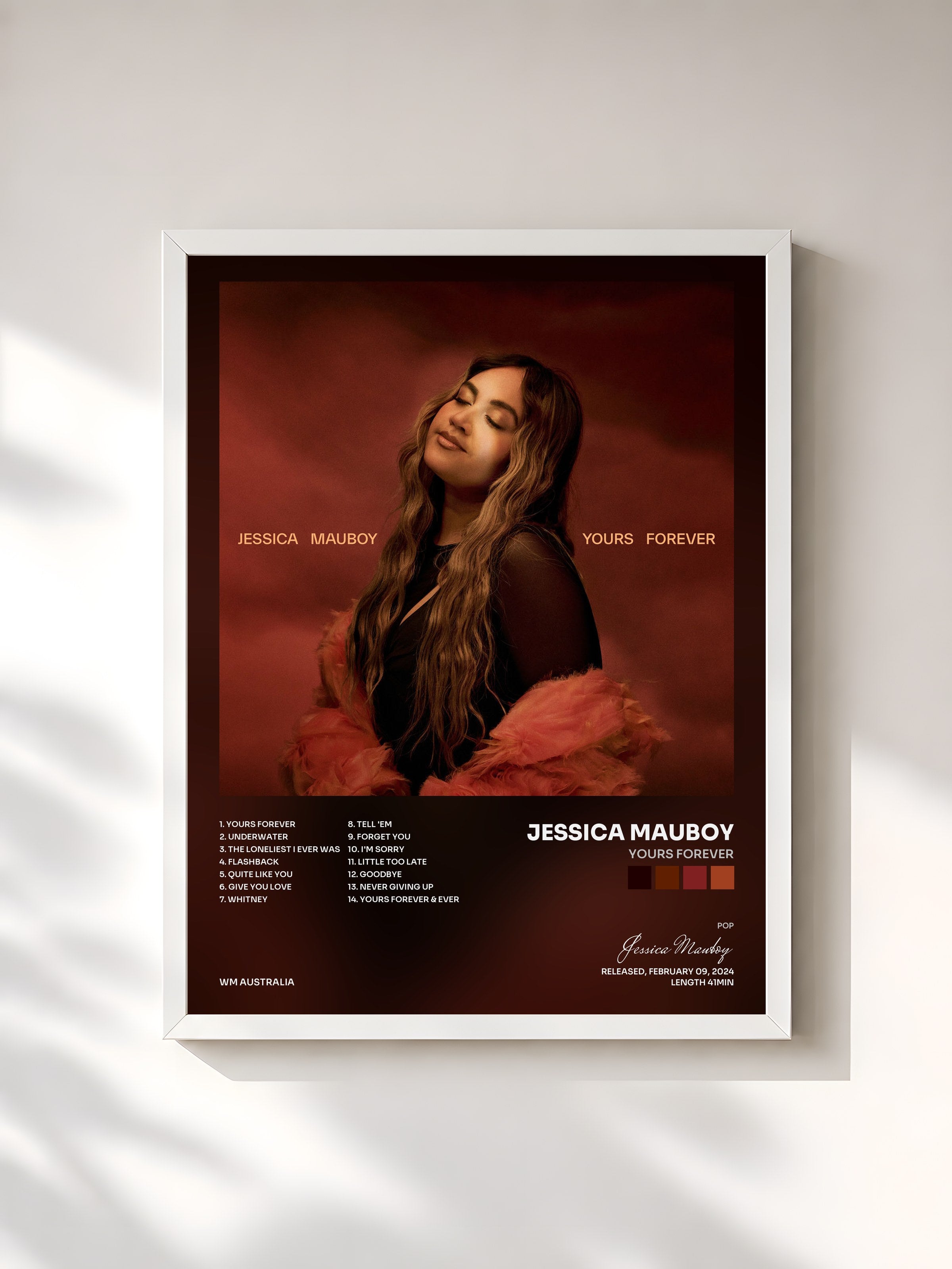 #blanc Tableau de l'album Yours Forever de Jessica Mauboy, cadre blanc, imprimé et encadré en France