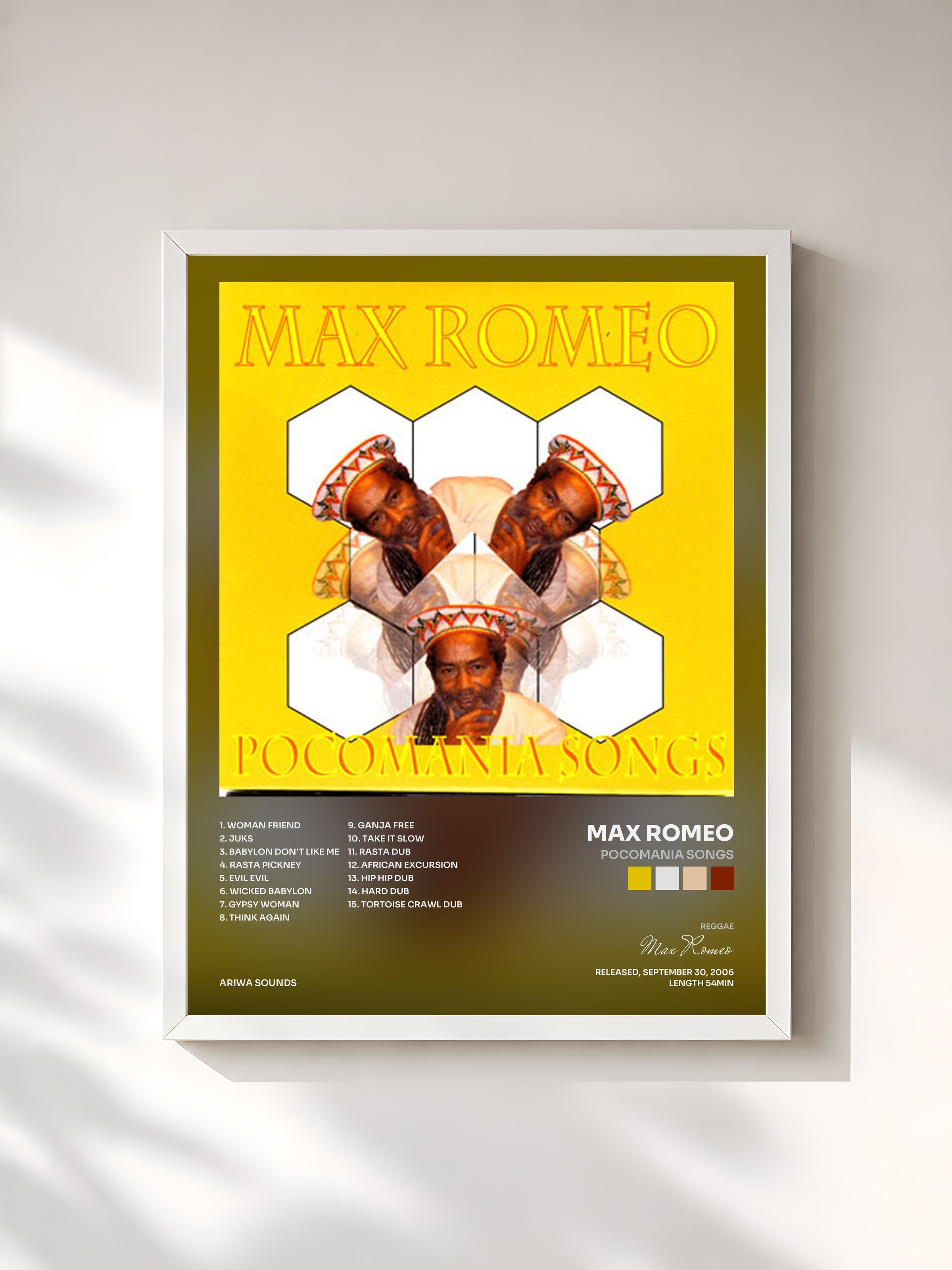 #blanc Tableau de l'album Pocomania Songs de Max Romeo, cadre blanc, imprimé et encadré en France
