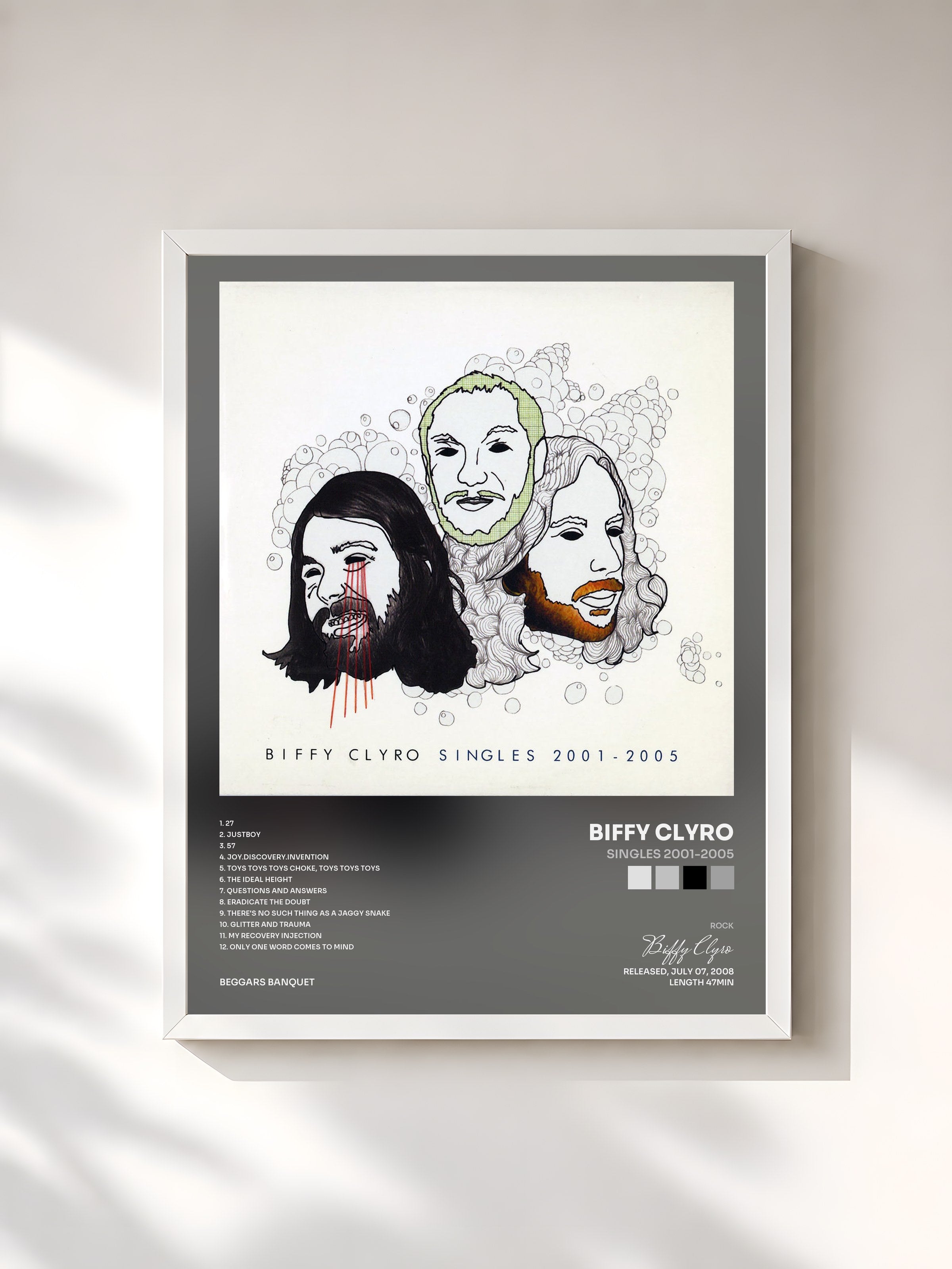 #blanc Tableau de l'album Singles 2001-2005 de Biffy Clyro, cadre blanc, imprimé et encadré en France