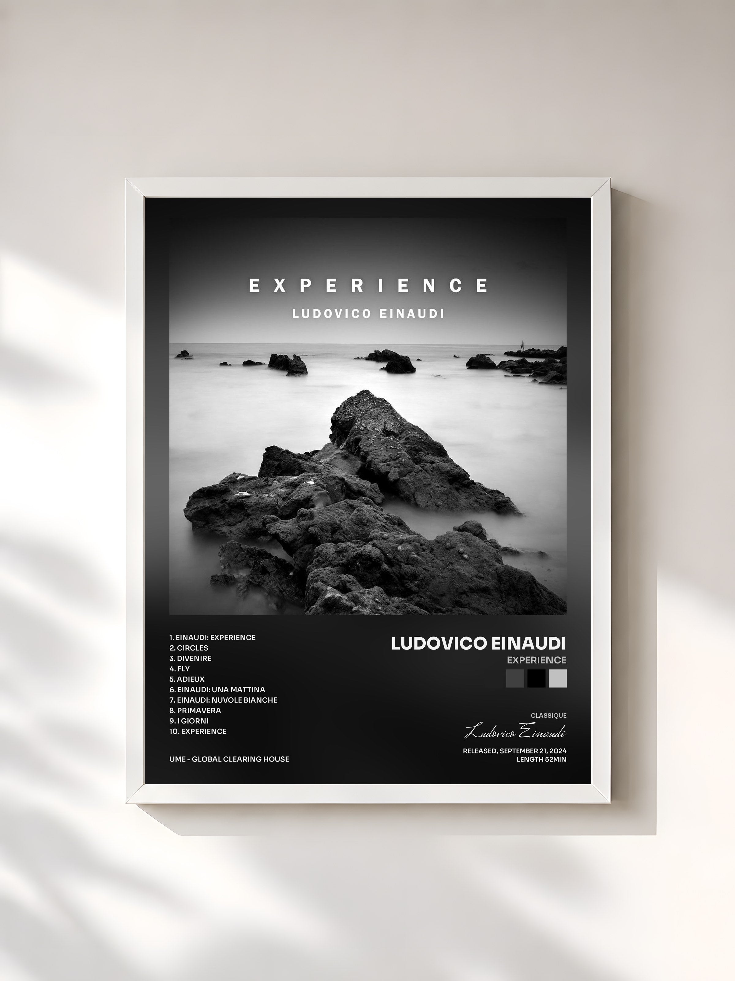 #blanc Tableau de l'album Experience de Ludovico Einaudi, cadre blanc, imprimé et encadré en France