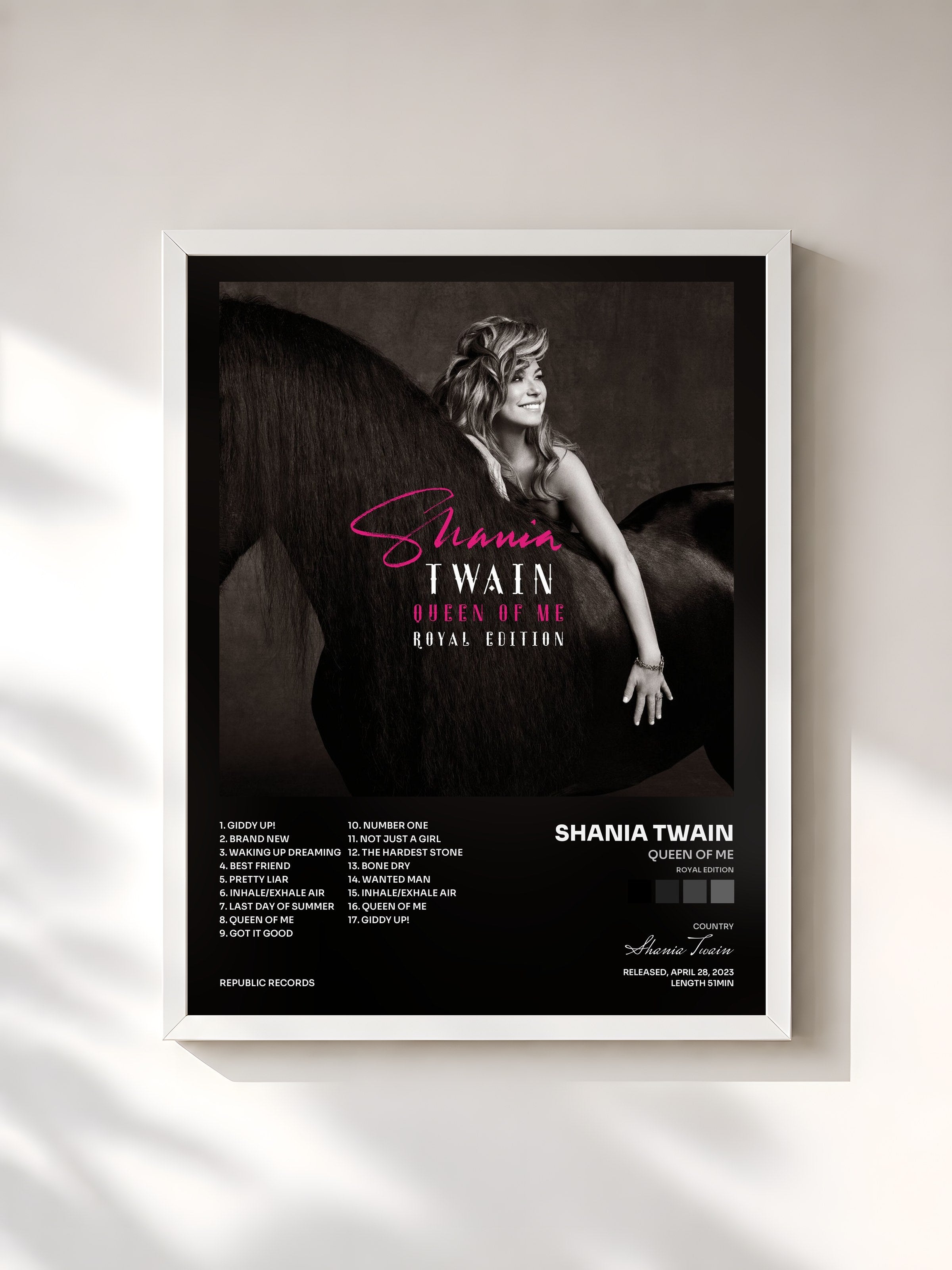 #blanc Tableau de l'album Queen Of Me (Royal Edition) de Shania Twain, cadre blanc, imprimé et encadré en France