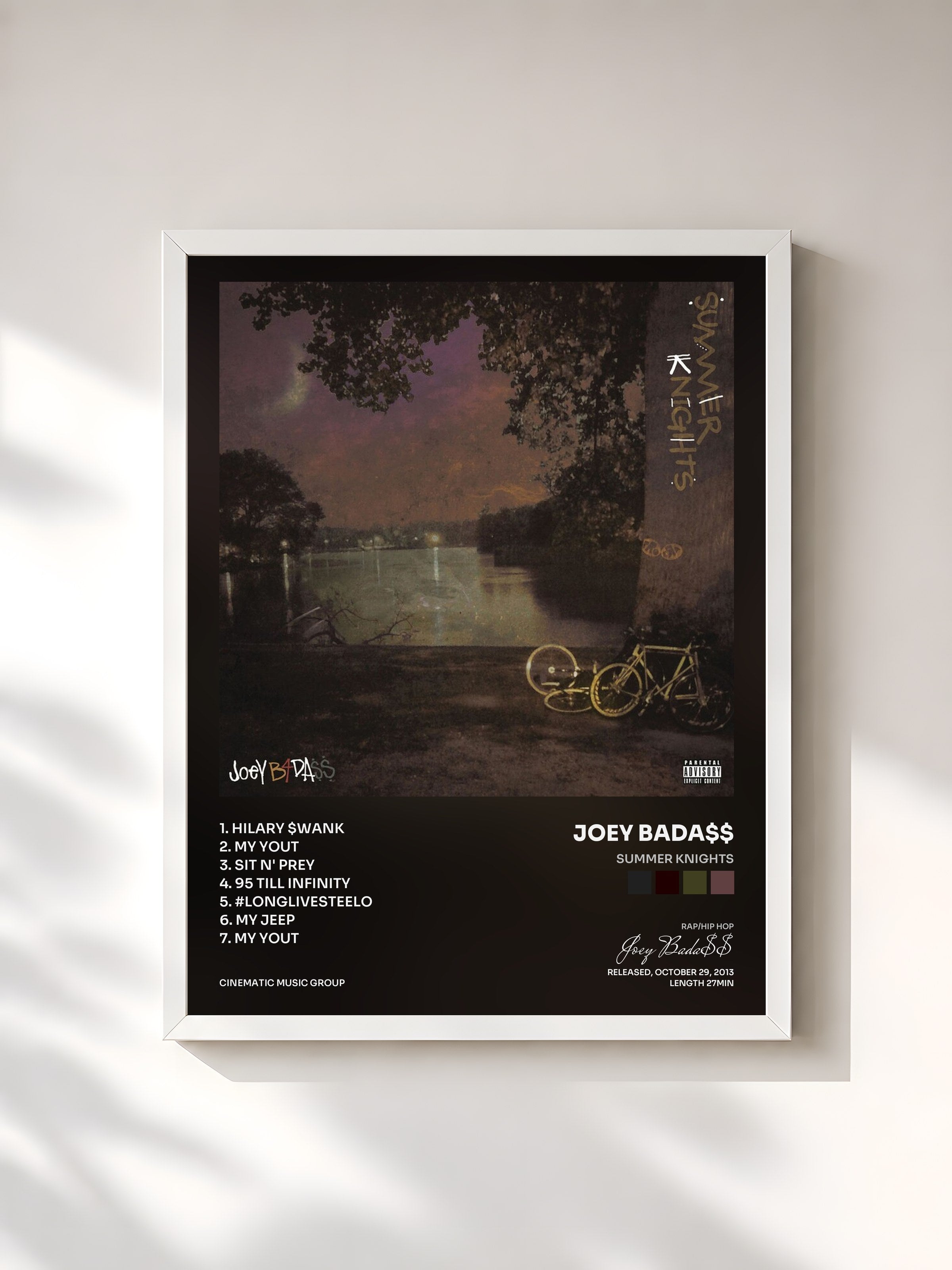#blanc Tableau de l'album Summer Knights de Joey Bada$$, cadre blanc, imprimé et encadré en France