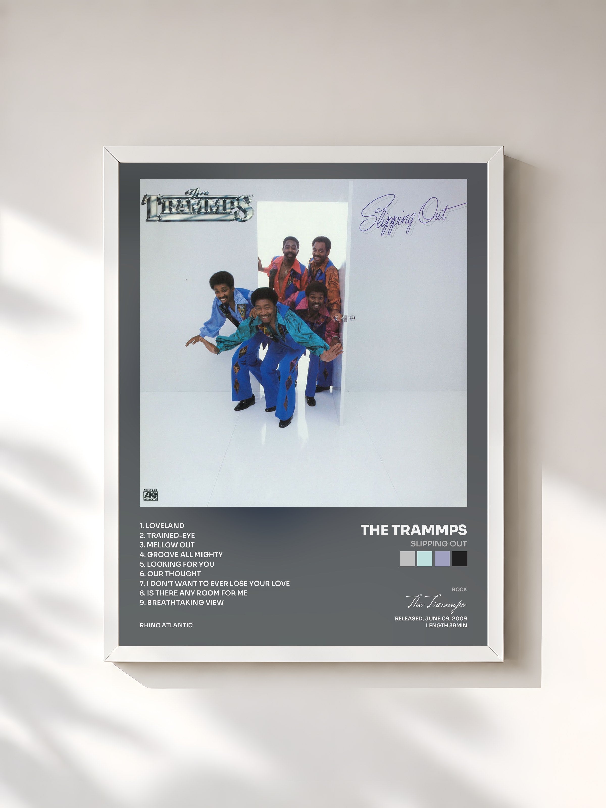 #blanc Tableau de l'album Slipping Out de The Trammps, cadre blanc, imprimé et encadré en France