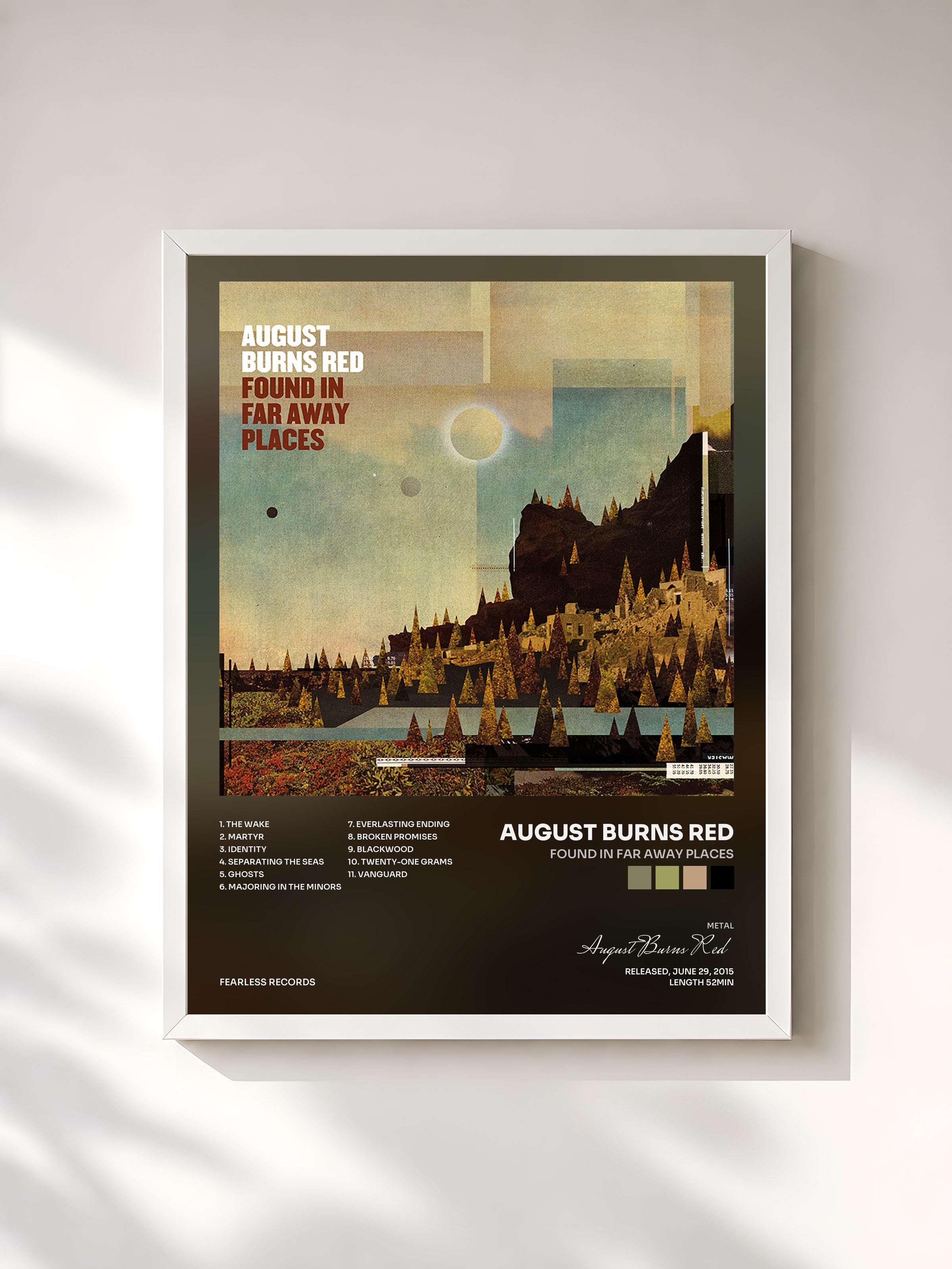 #blanc Tableau de l'album Found In Far Away Places de August Burns Red, cadre blanc, imprimé et encadré en France
