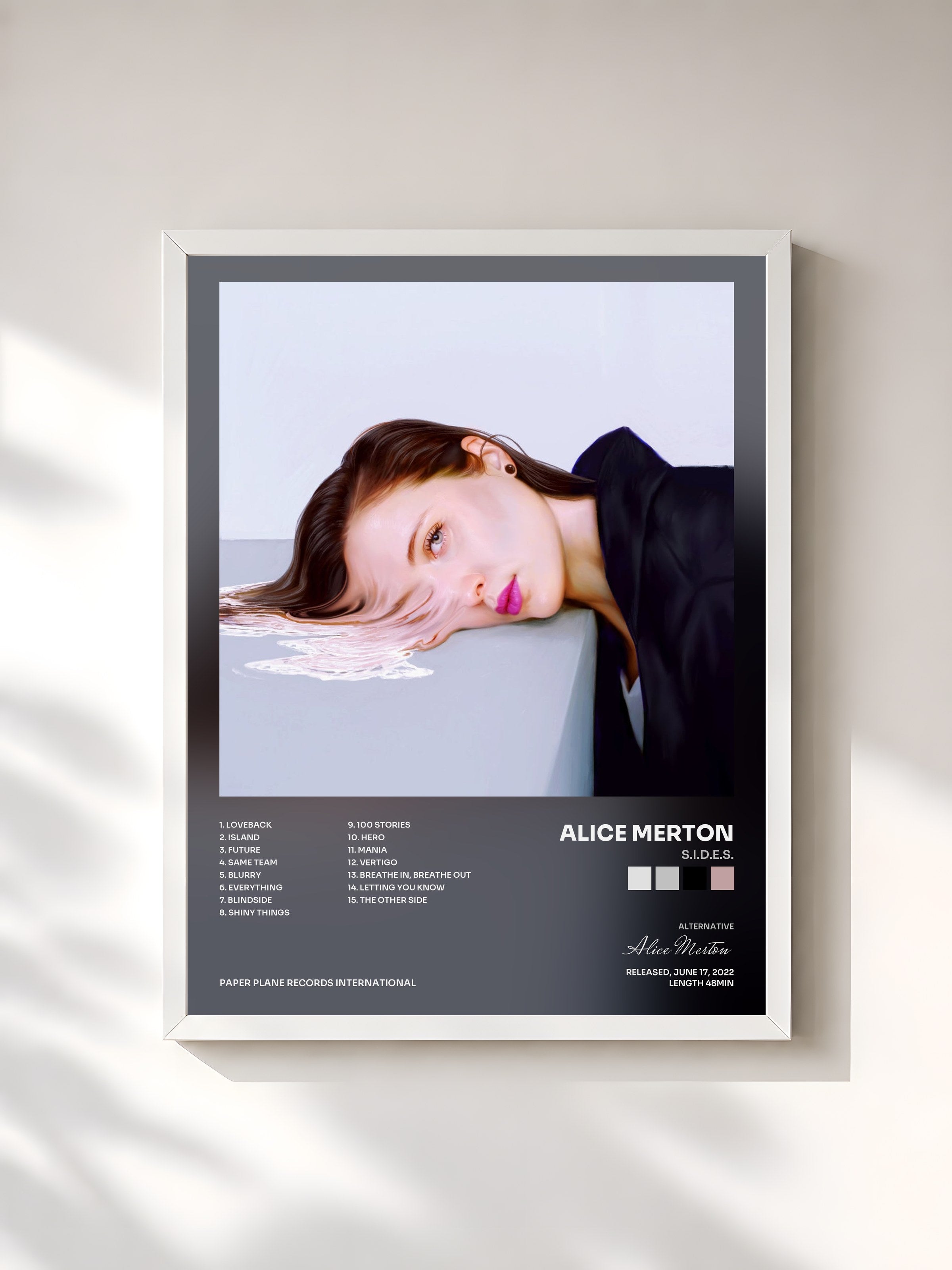 #blanc Tableau de l'album S.I.D.E.S. de Alice Merton, cadre blanc, imprimé et encadré en France