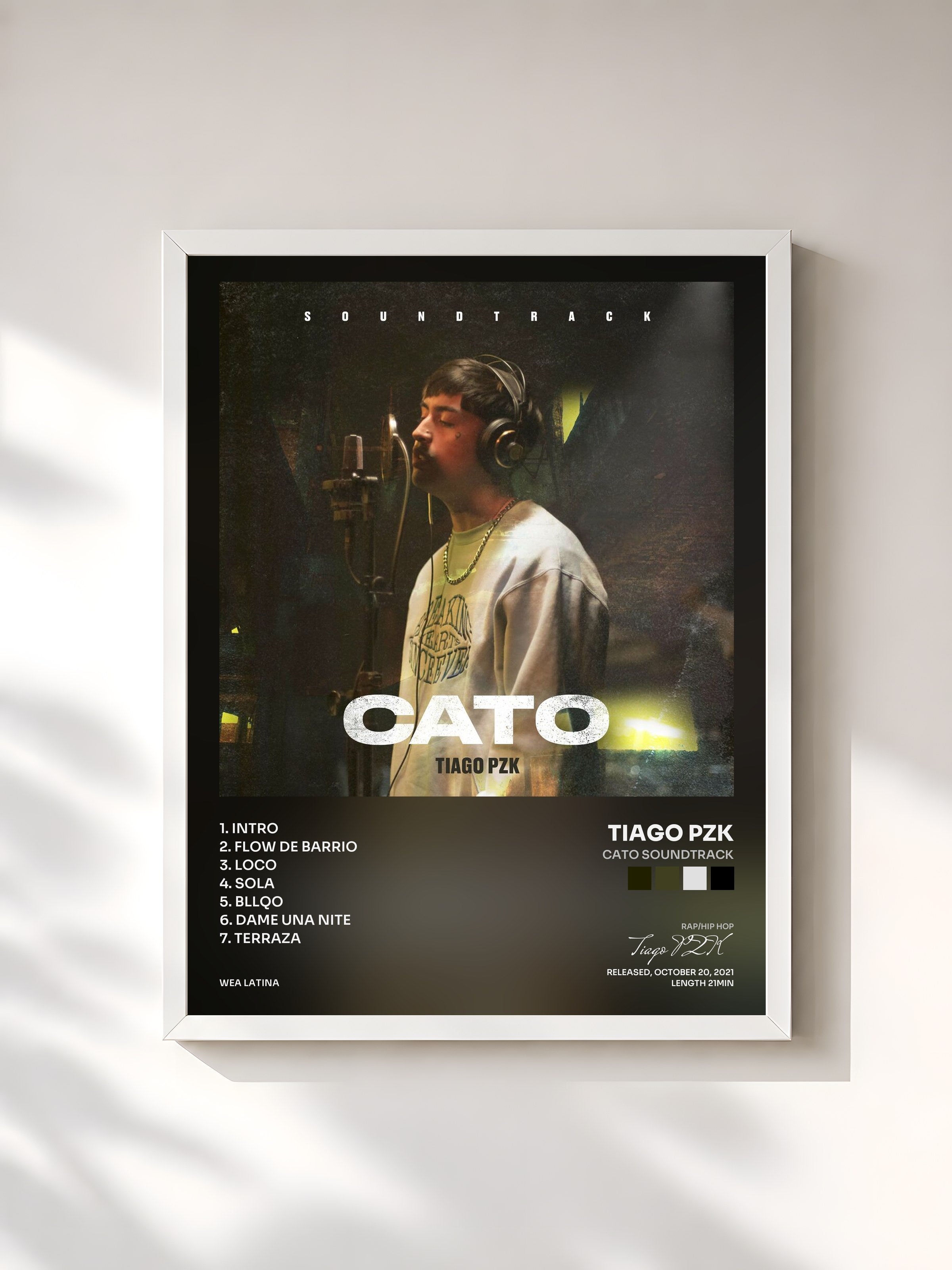 #blanc Tableau de l'album CATO SOUNDTRACK de Tiago PZK, cadre blanc, imprimé et encadré en France