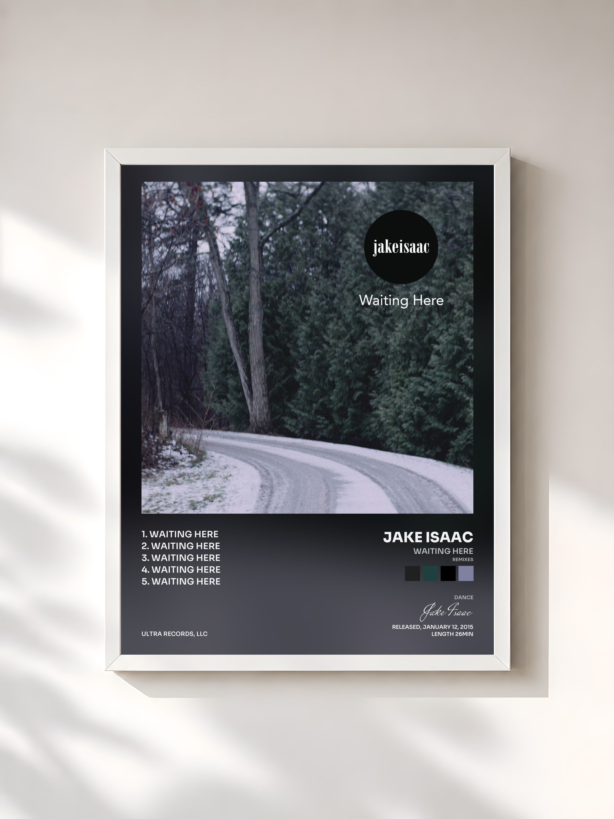#blanc Tableau de l'album Waiting Here (Remixes) de Jake Isaac, cadre blanc, imprimé et encadré en France