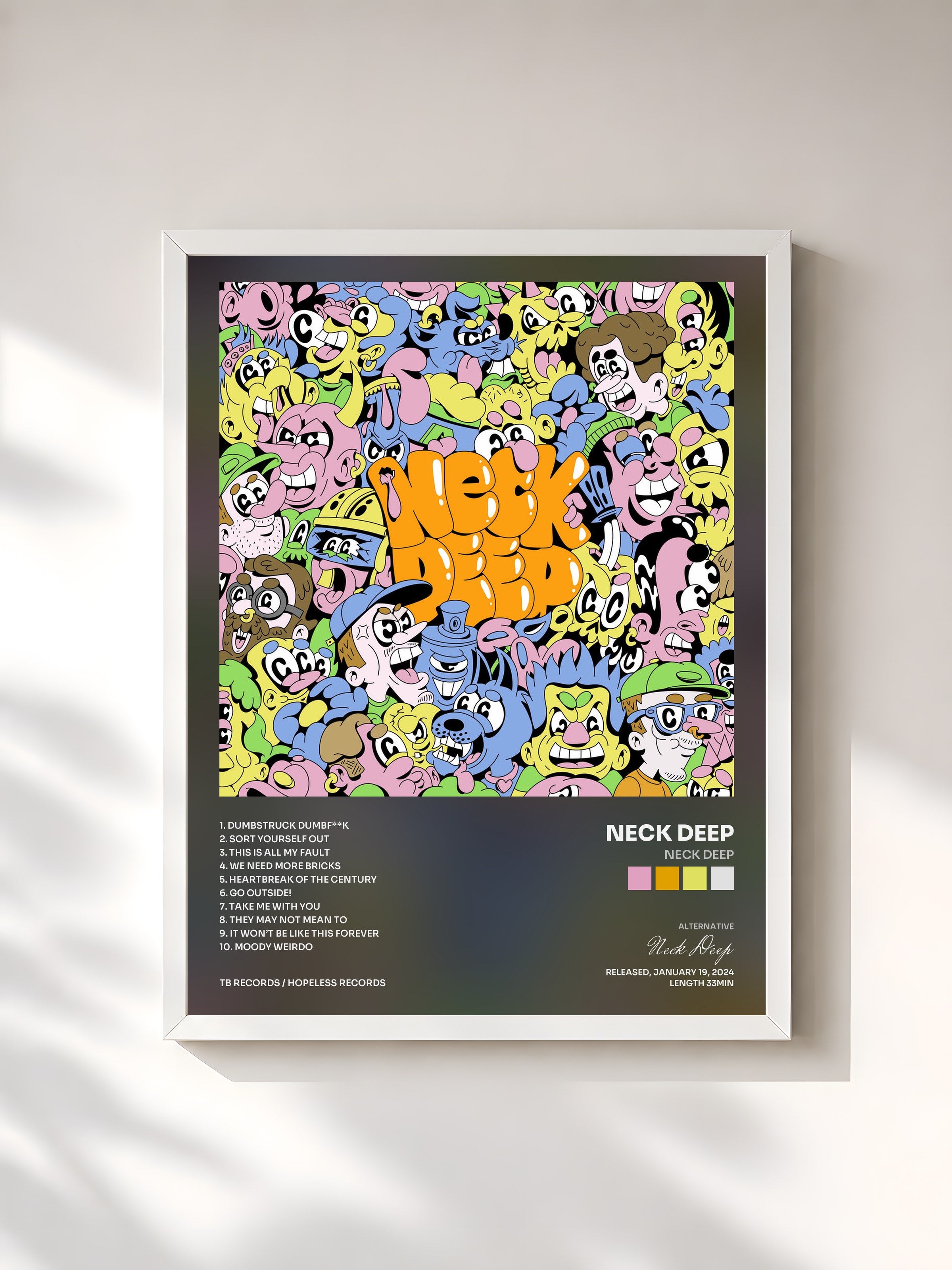 #blanc Tableau de l'album Neck Deep de Neck Deep, cadre blanc, imprimé et encadré en France