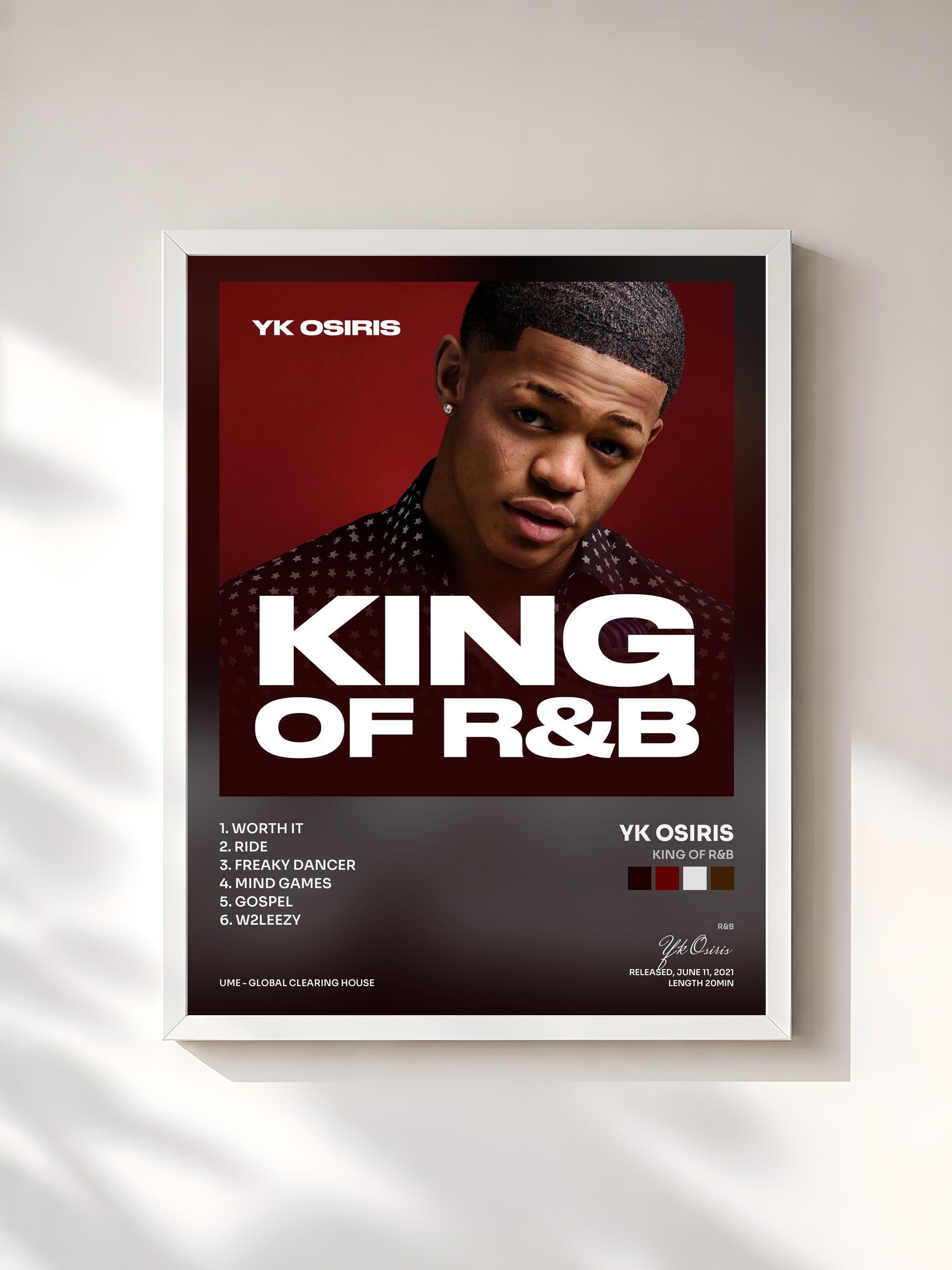 #blanc Tableau de l'album King of R&B de Yk Osiris, cadre blanc, imprimé et encadré en France