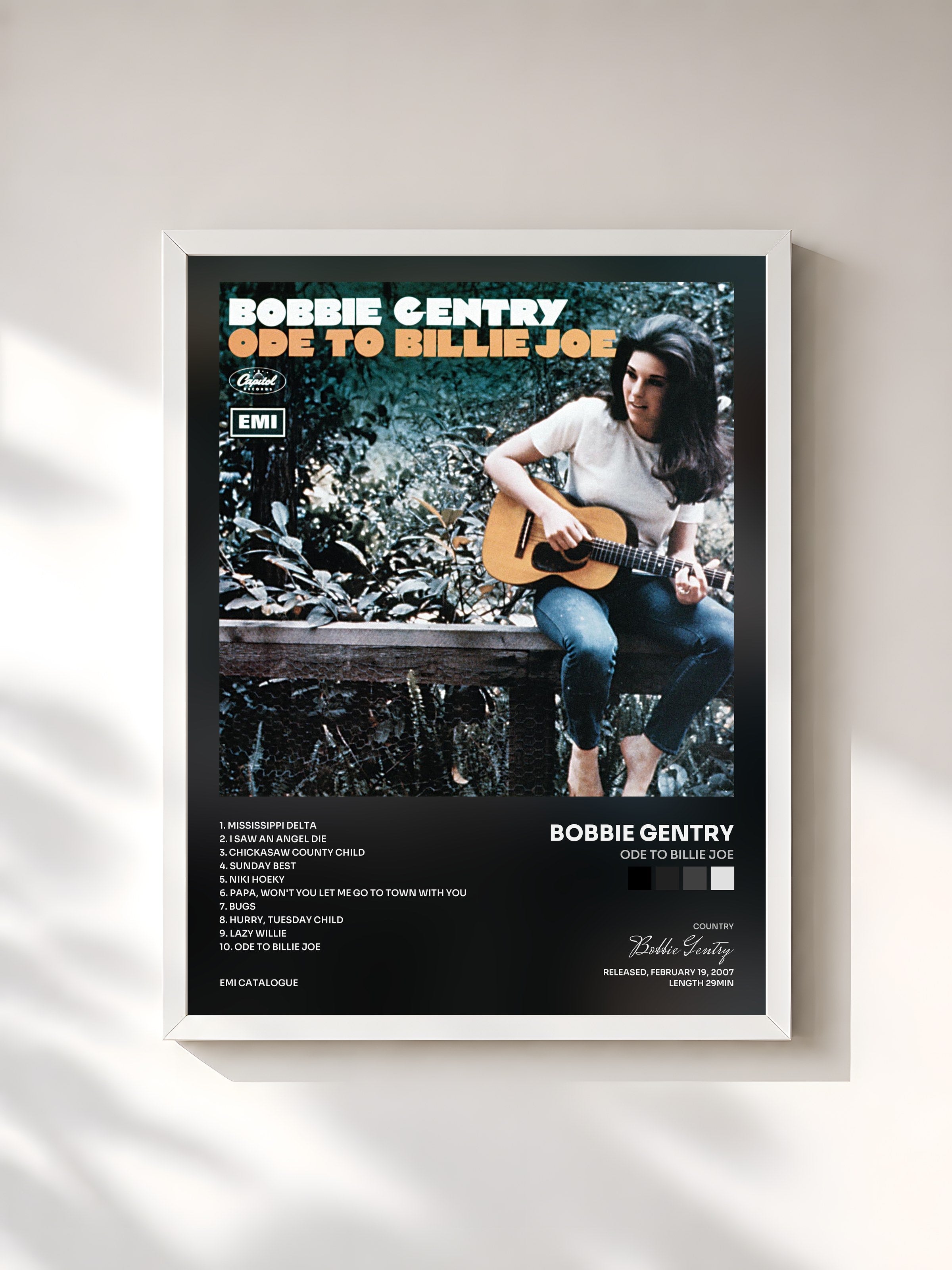 #blanc Tableau de l'album Ode To Billie Joe de Bobbie Gentry, cadre blanc, imprimé et encadré en France