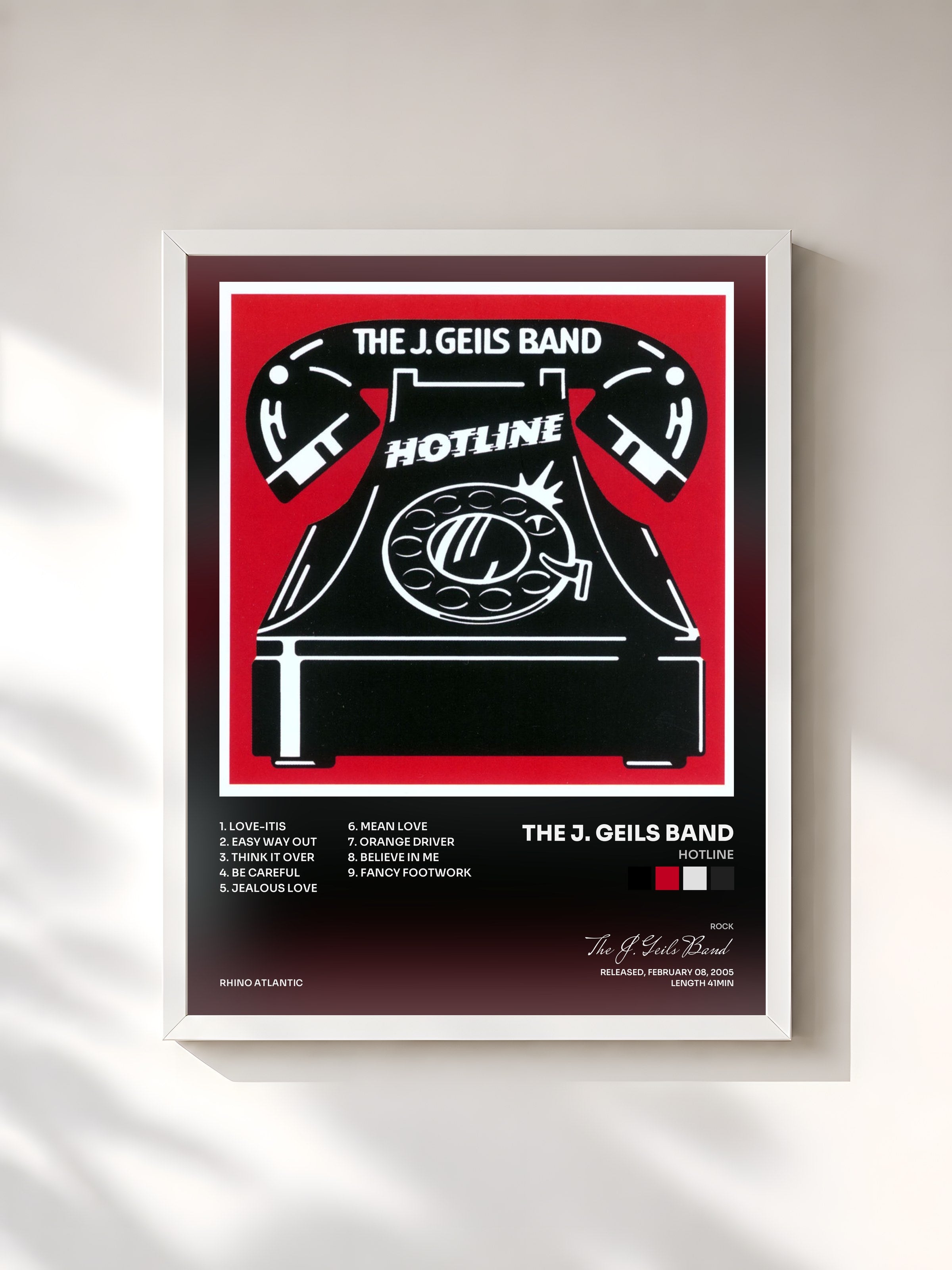 #blanc Tableau de l'album Hotline de The J. Geils Band, cadre blanc, imprimé et encadré en France