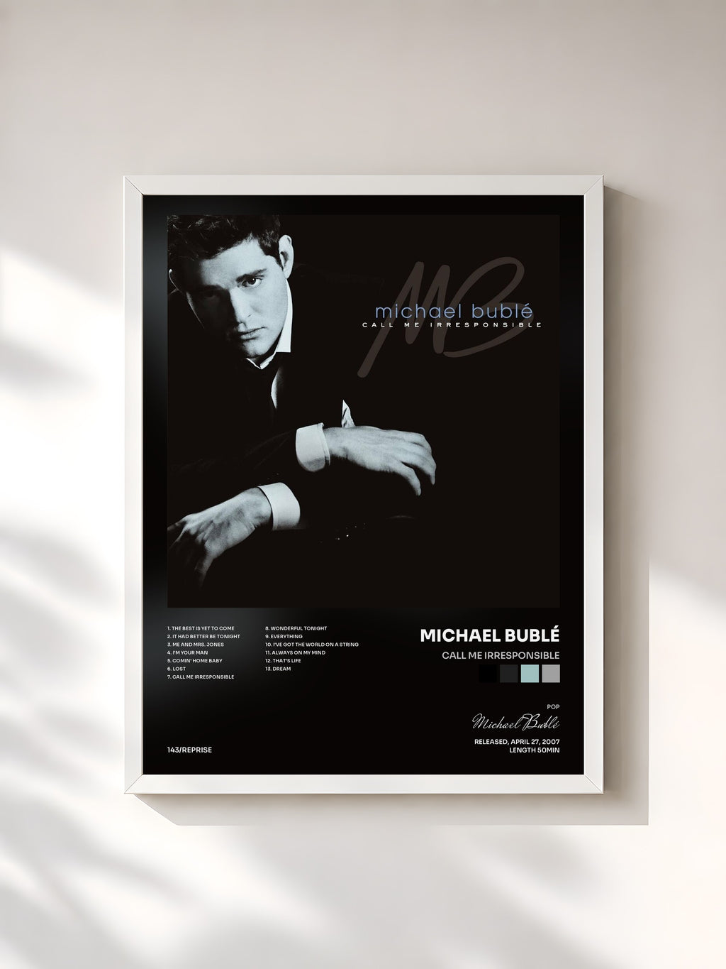 #blanc Tableau de l'album Call Me Irresponsible de Michael Bublé, cadre blanc, imprimé et encadré en France