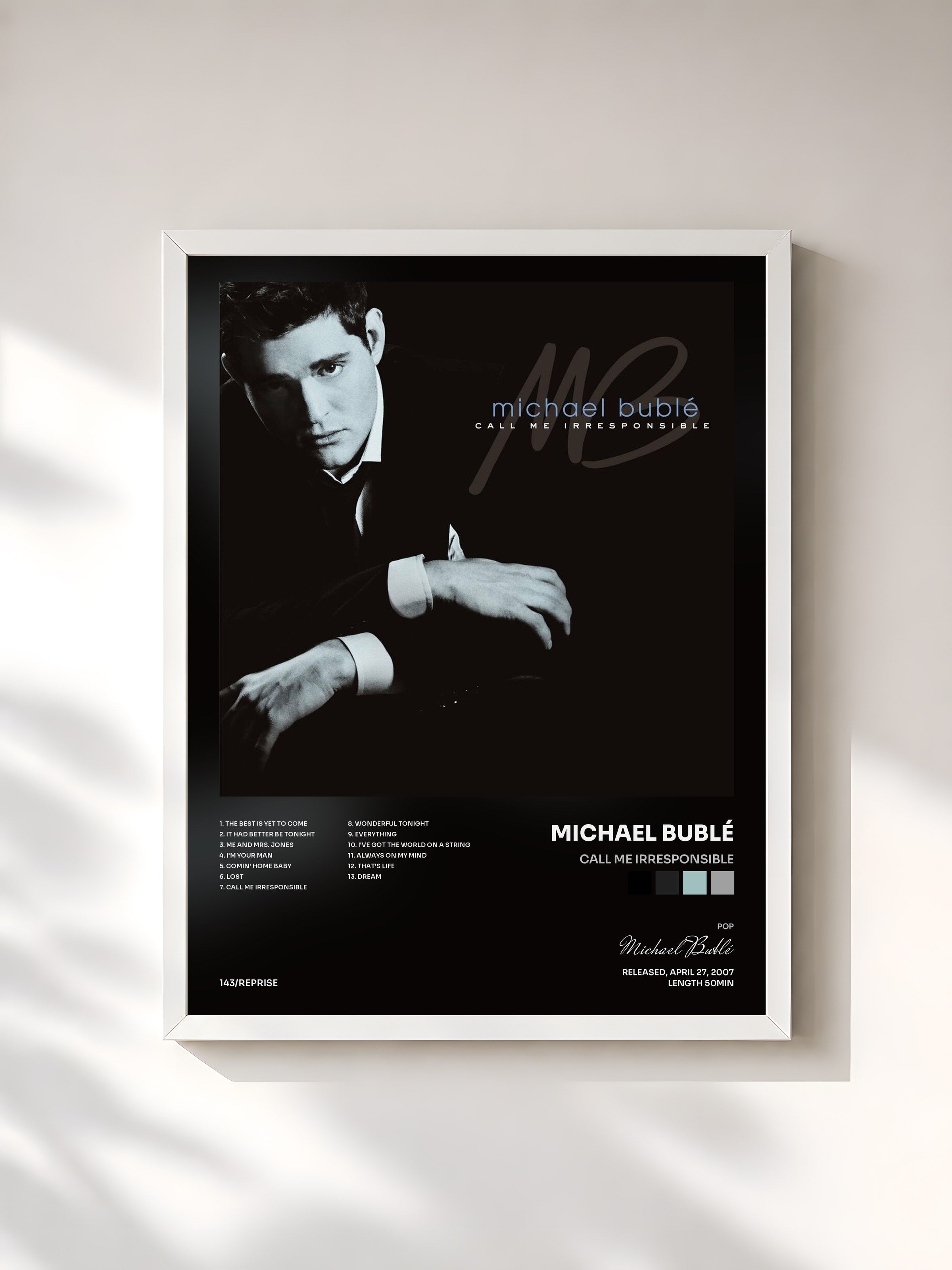 #blanc Tableau de l'album Call Me Irresponsible de Michael Bublé, cadre blanc, imprimé et encadré en France