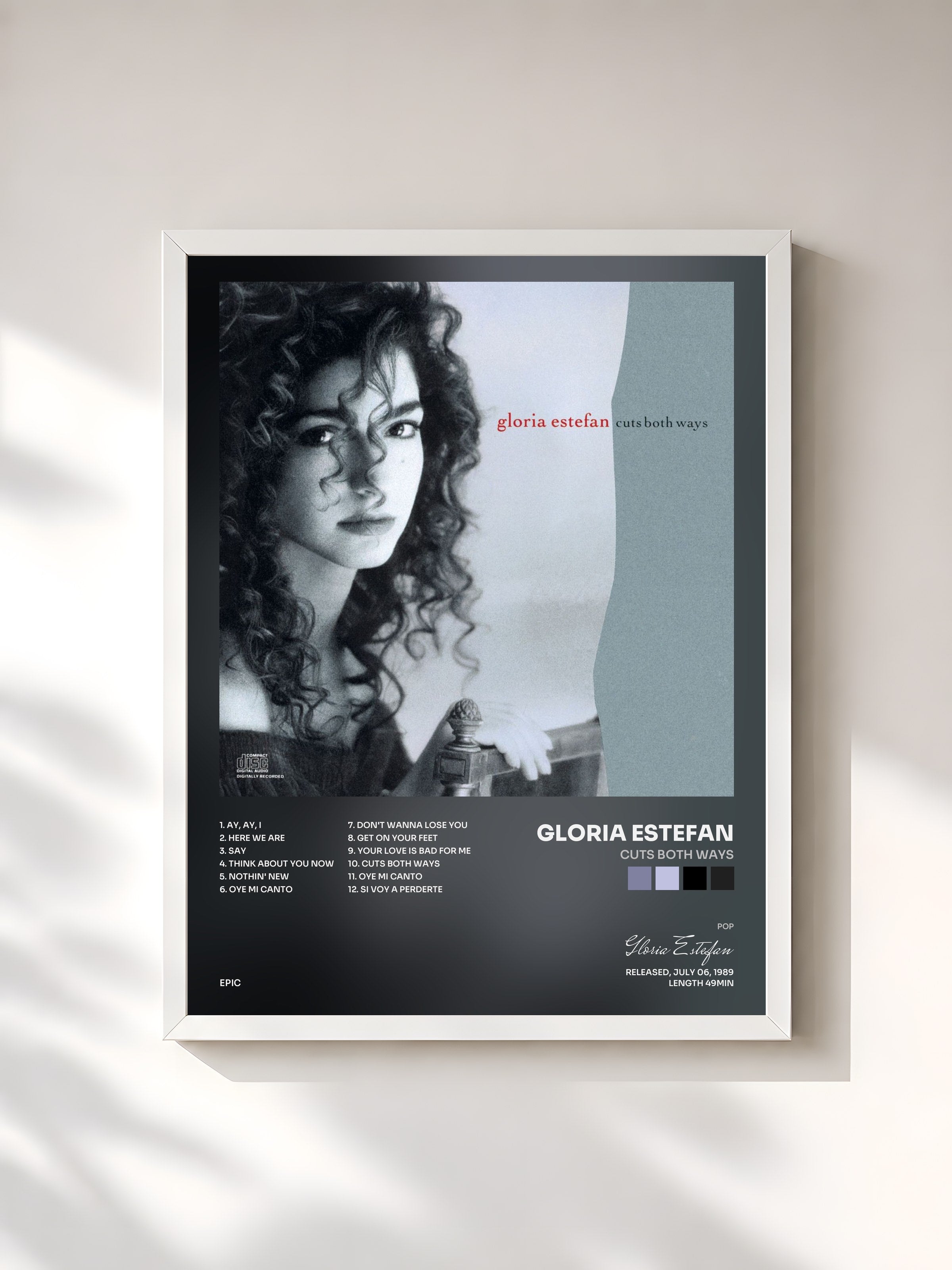 #blanc Tableau de l'album Cuts Both Ways de Gloria Estefan, cadre blanc, imprimé et encadré en France