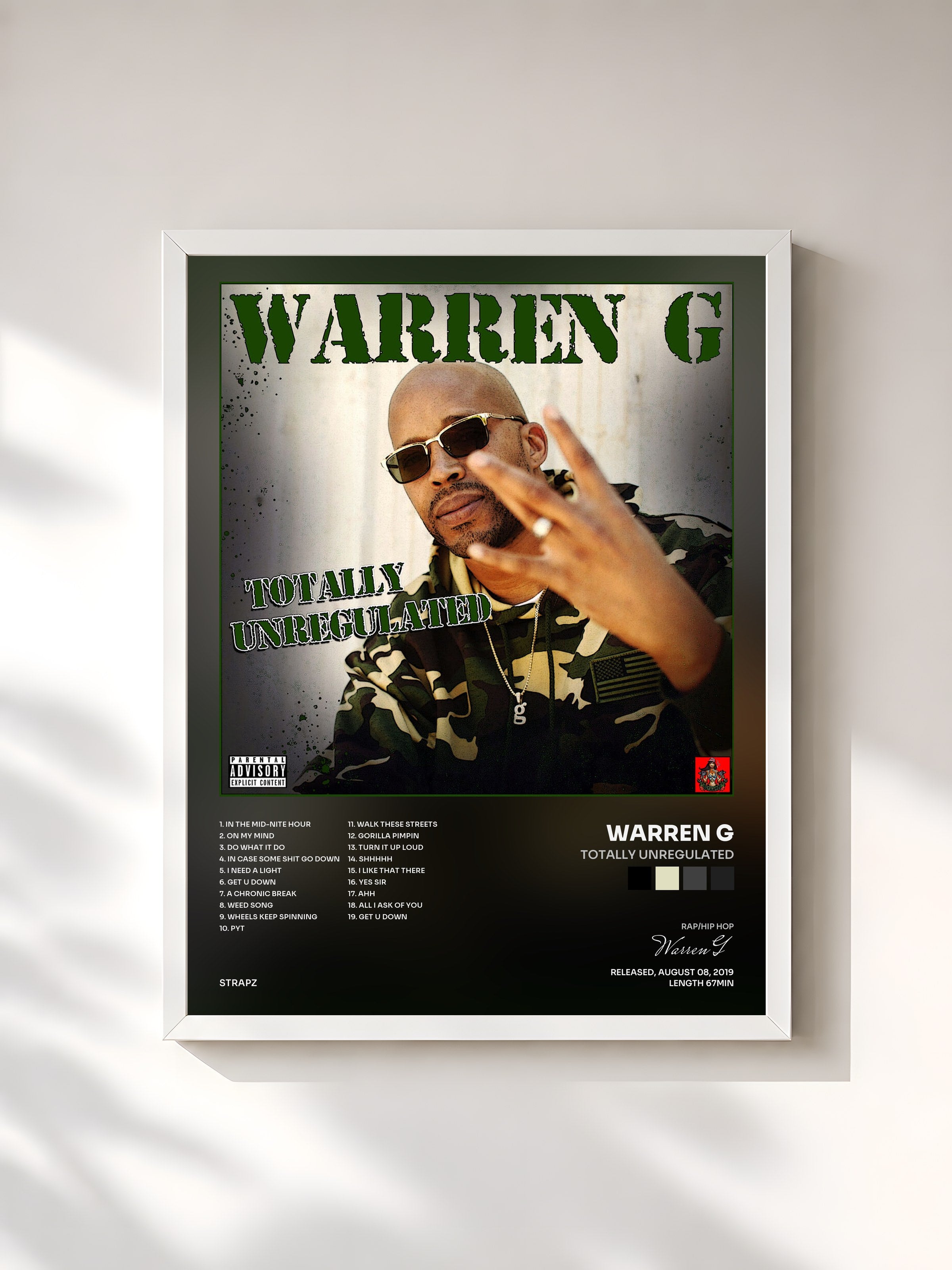 #blanc Tableau de l'album Totally Unregulated de Warren G, cadre blanc, imprimé et encadré en France