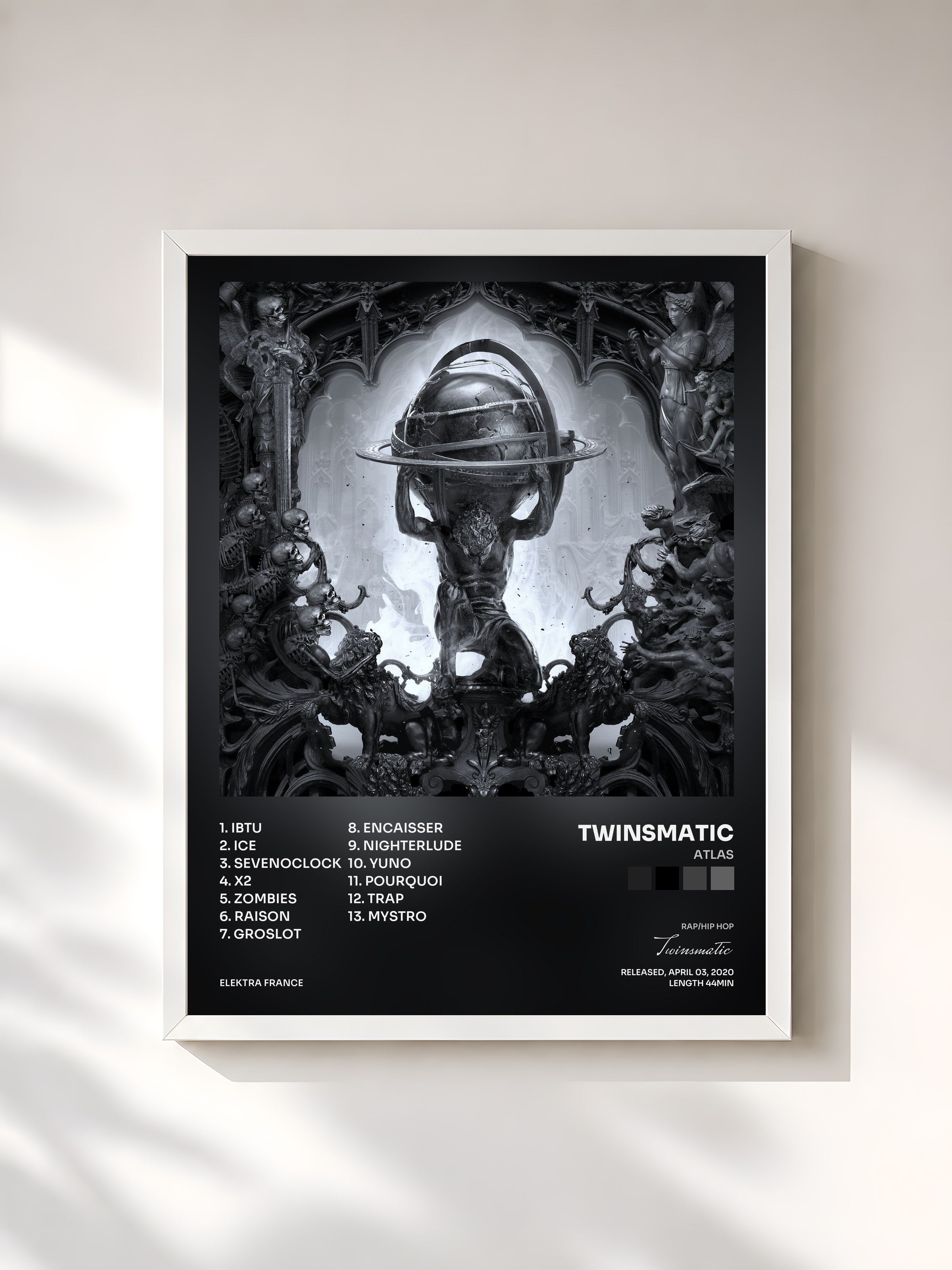 #blanc Tableau de l'album ATLAS de Twinsmatic, cadre blanc, imprimé et encadré en France