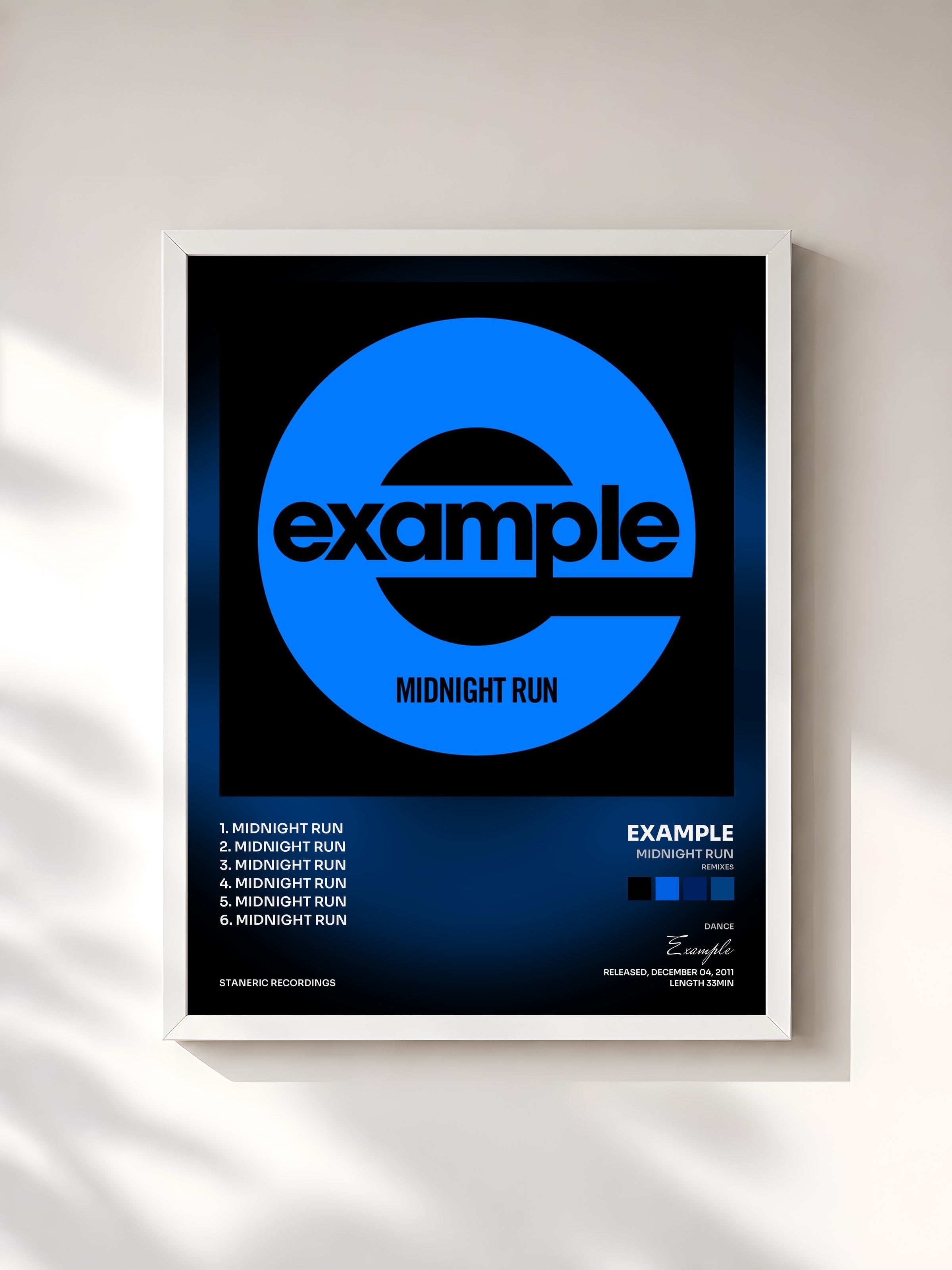 #blanc Tableau de l'album Midnight Run (Remixes) de Example, cadre blanc, imprimé et encadré en France