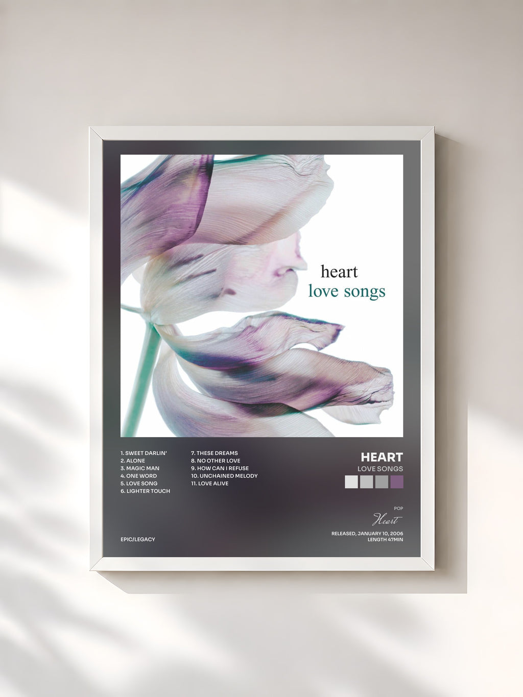 #blanc Tableau de l'album Love Songs de Heart, cadre blanc, imprimé et encadré en France