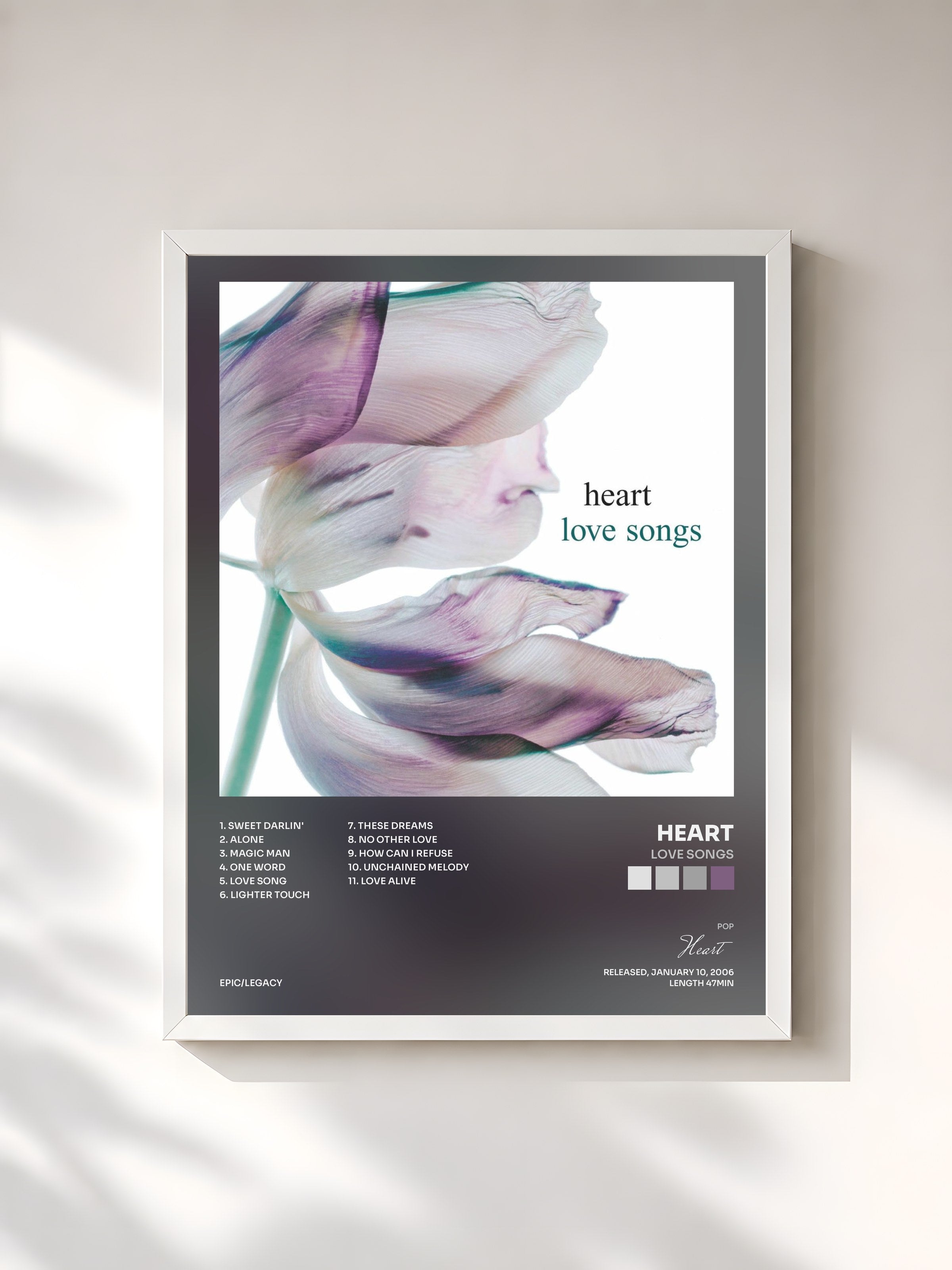 #blanc Tableau de l'album Love Songs de Heart, cadre blanc, imprimé et encadré en France