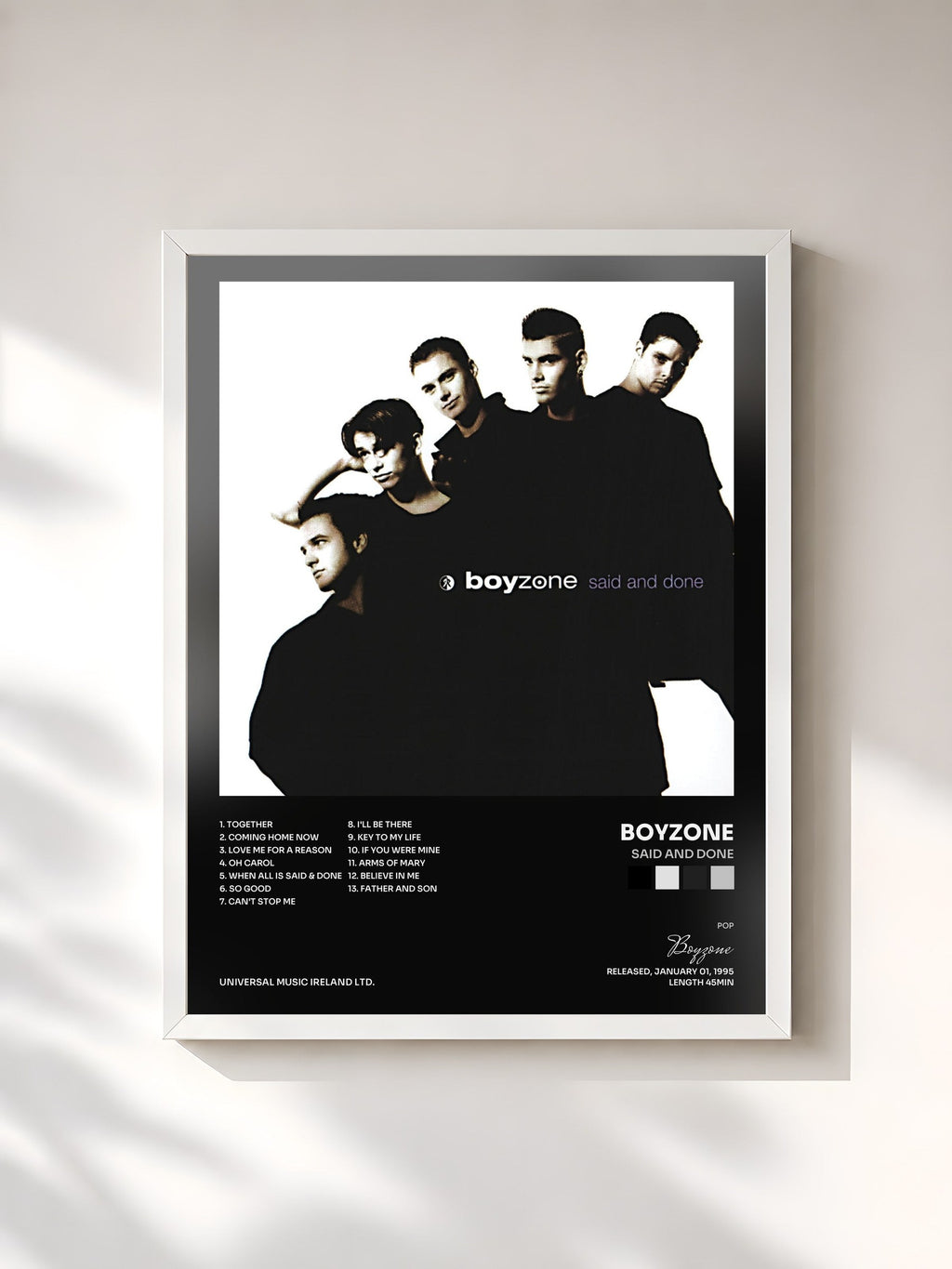#blanc Tableau de l'album Said And Done de Boyzone, cadre blanc, imprimé et encadré en France