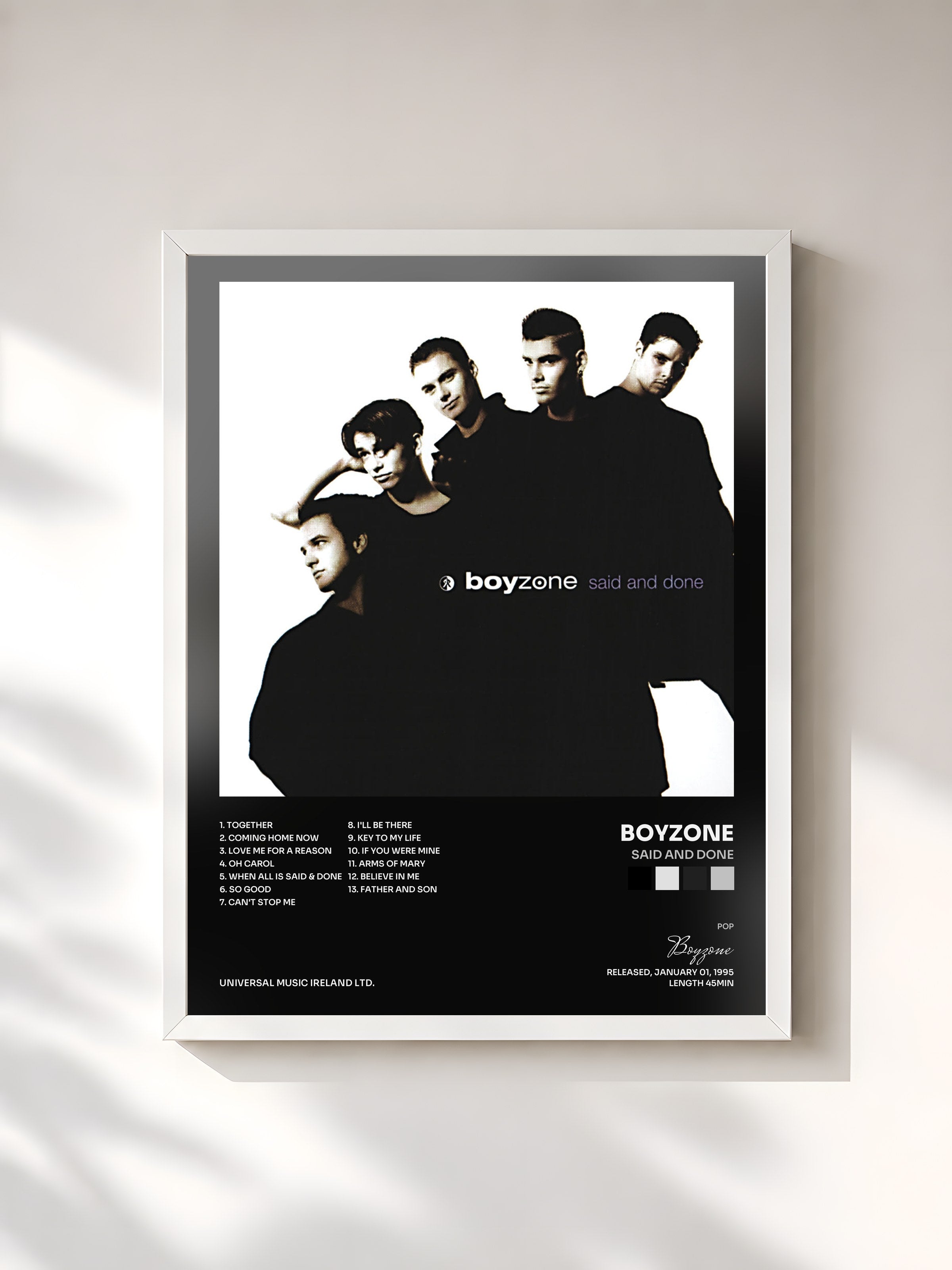 #blanc Tableau de l'album Said And Done de Boyzone, cadre blanc, imprimé et encadré en France