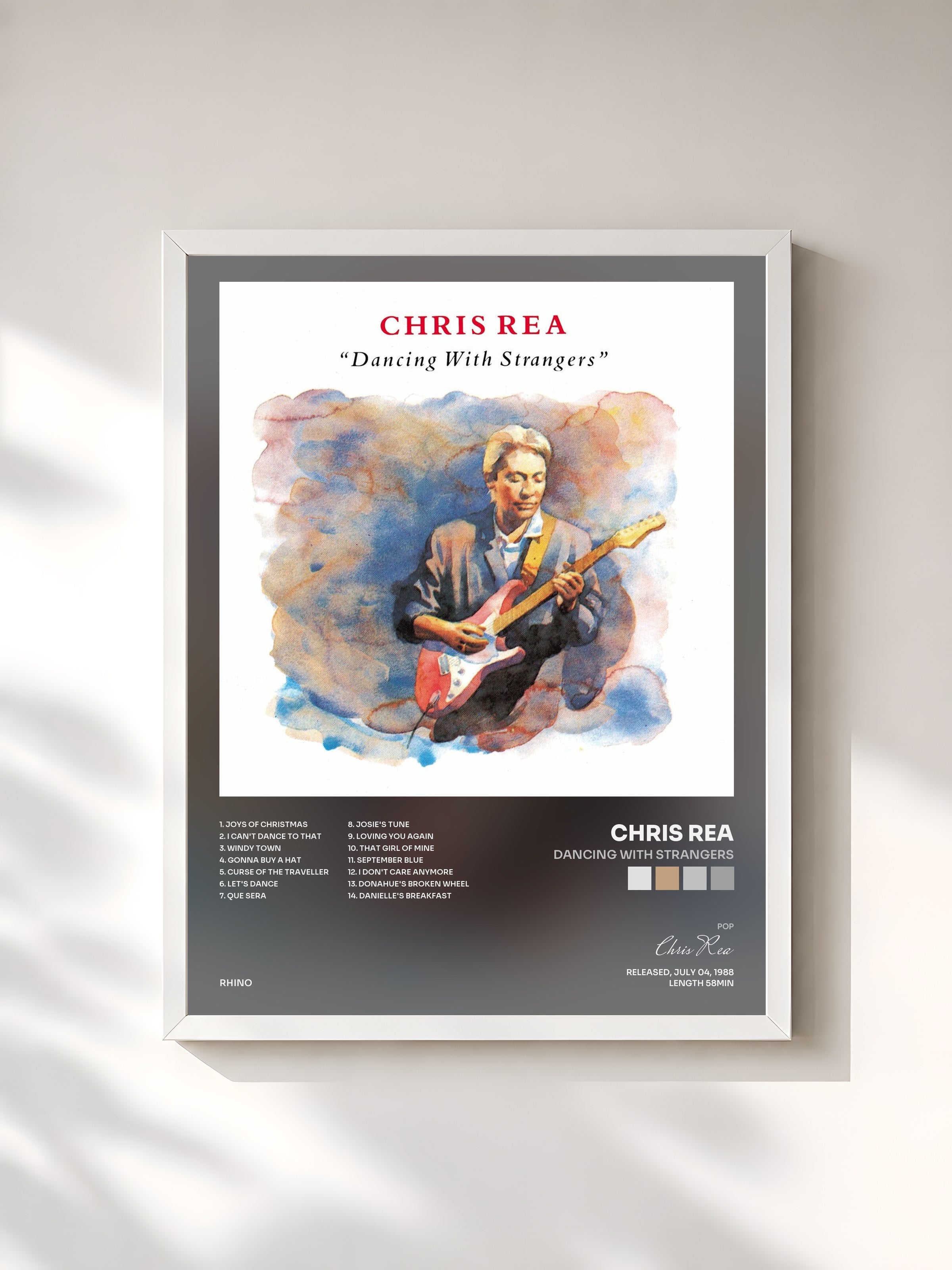 #blanc Tableau de l'album Dancing with Strangers de Chris Rea, cadre blanc, imprimé et encadré en France