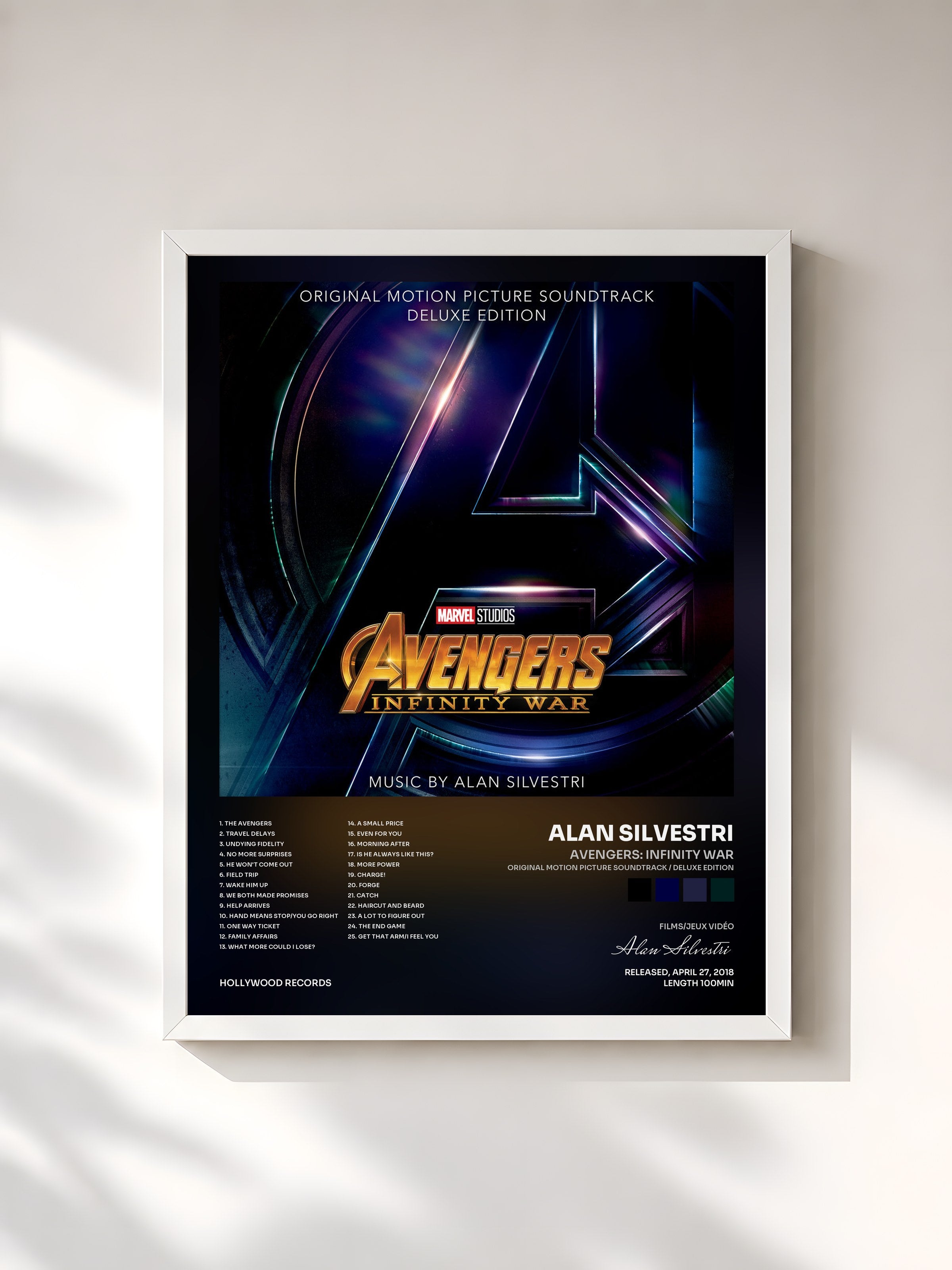 #blanc Tableau de l'album Avengers: Infinity War (Original Motion Picture Soundtrack / Deluxe Edition) de Alan Silvestri, cadre blanc, imprimé et encadré en France