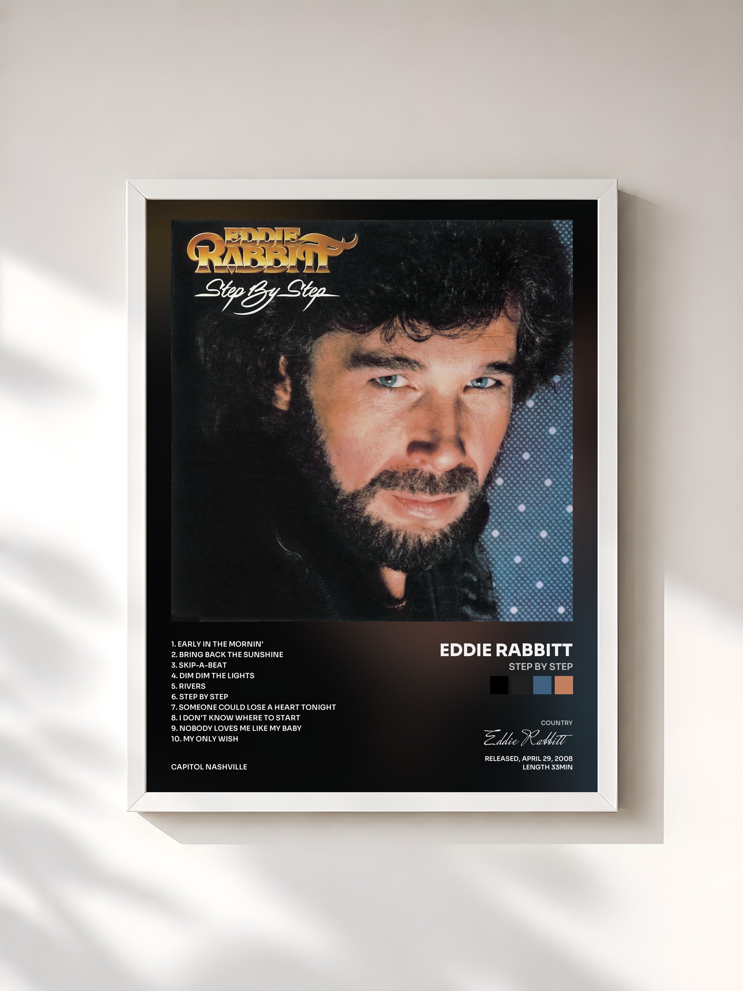 #blanc Tableau de l'album Step By Step de Eddie Rabbitt, cadre blanc, imprimé et encadré en France