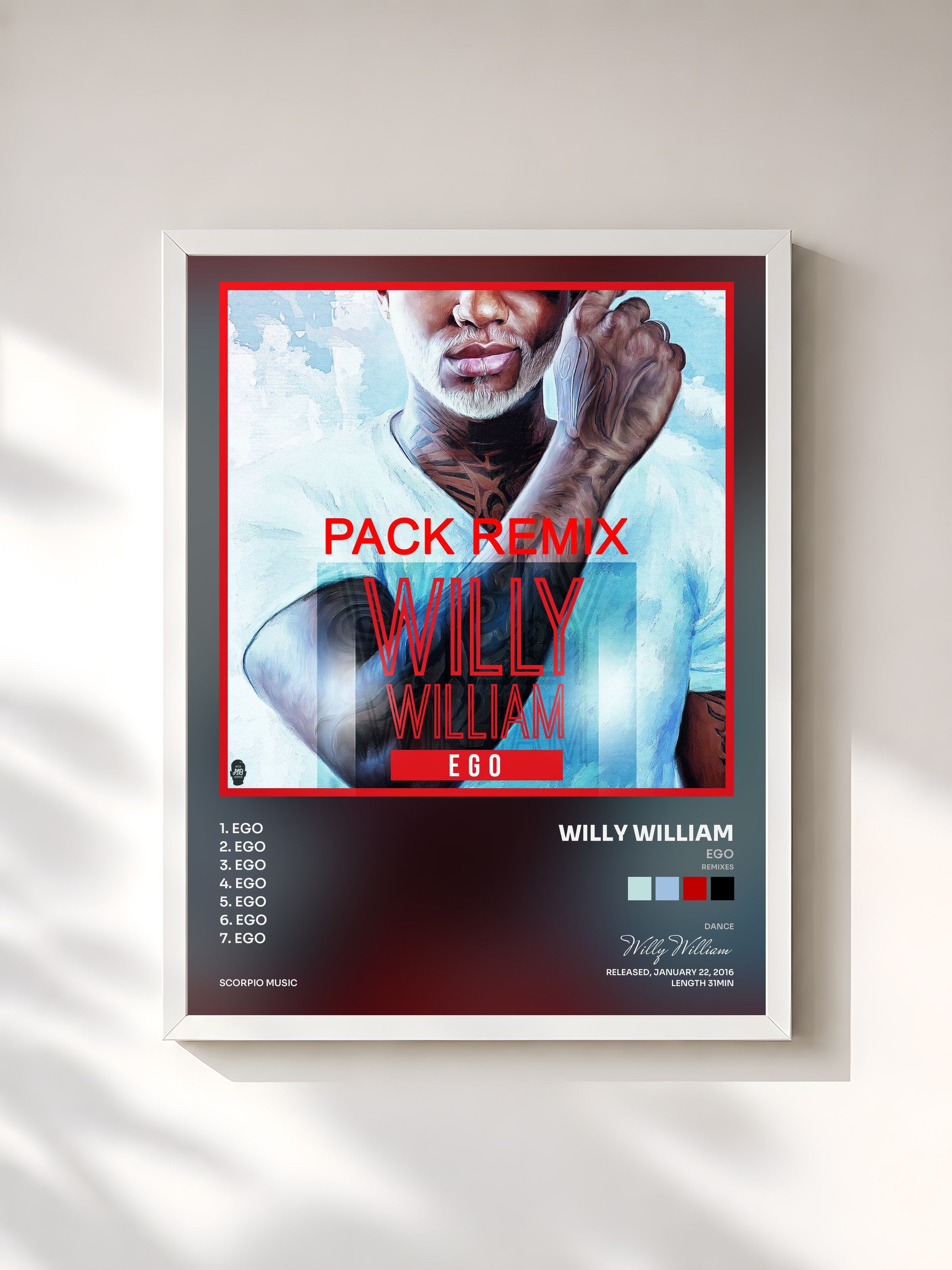 #blanc Tableau de l'album Ego (Remixes) de Willy William, cadre blanc, imprimé et encadré en France