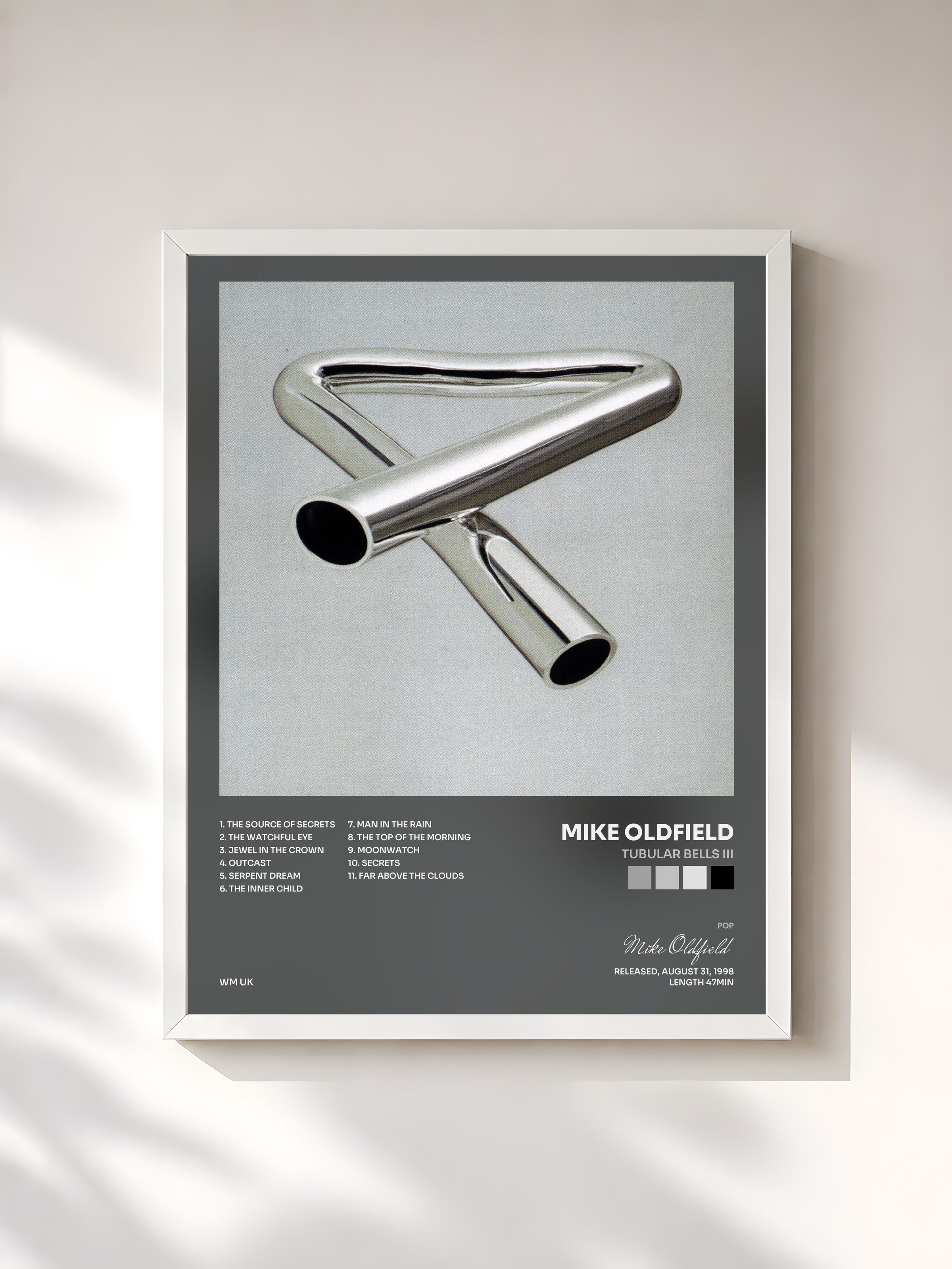 #blanc Tableau de l'album Tubular Bells III de Mike Oldfield, cadre blanc, imprimé et encadré en France